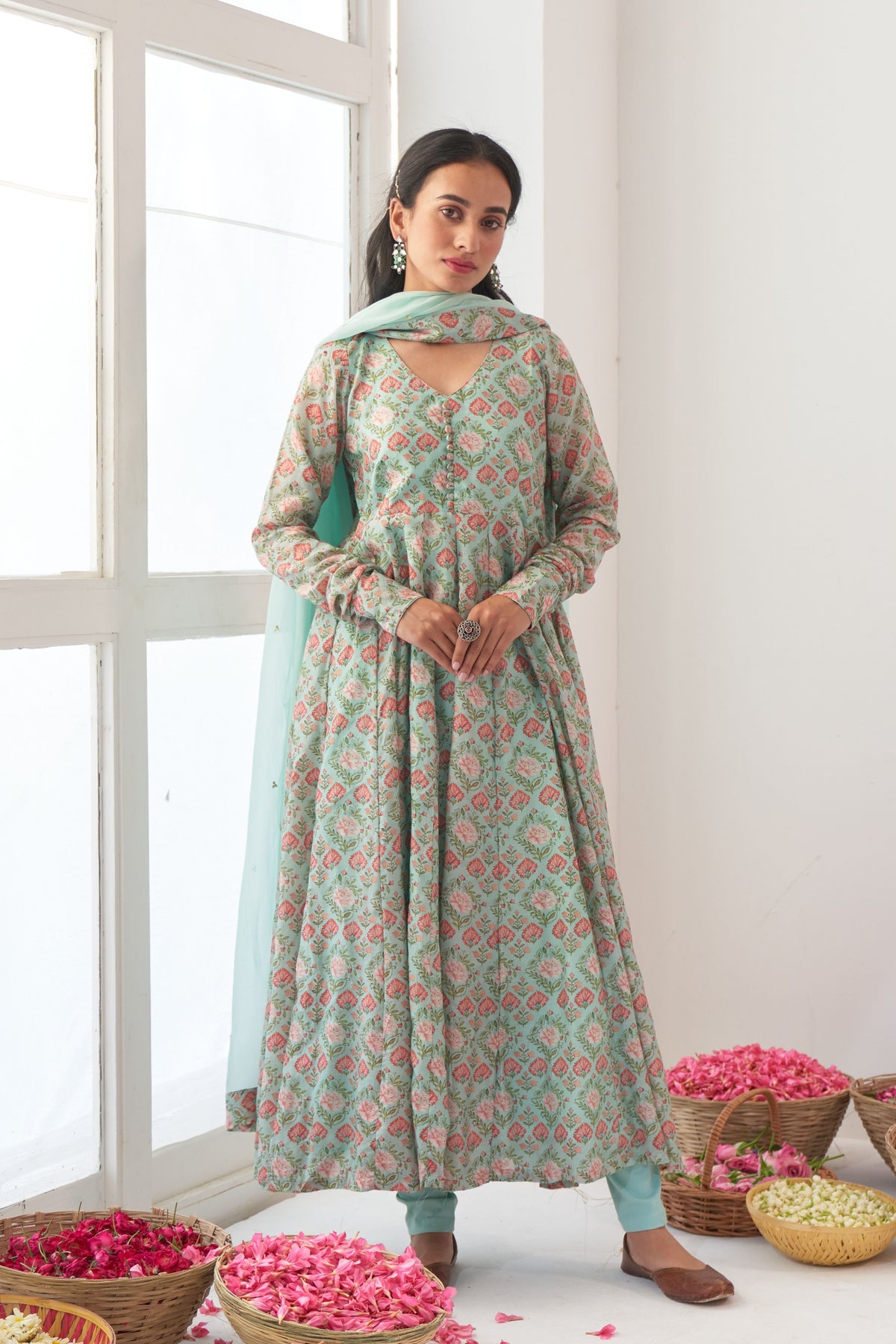 Aqua Peony Anarkali Set