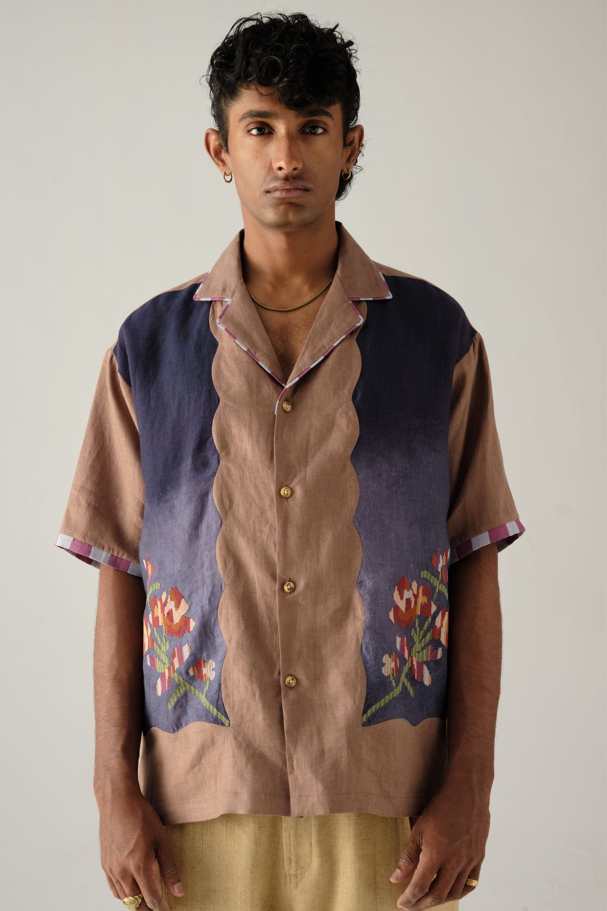 Blue Pixelated Embroidery Camp Shirt