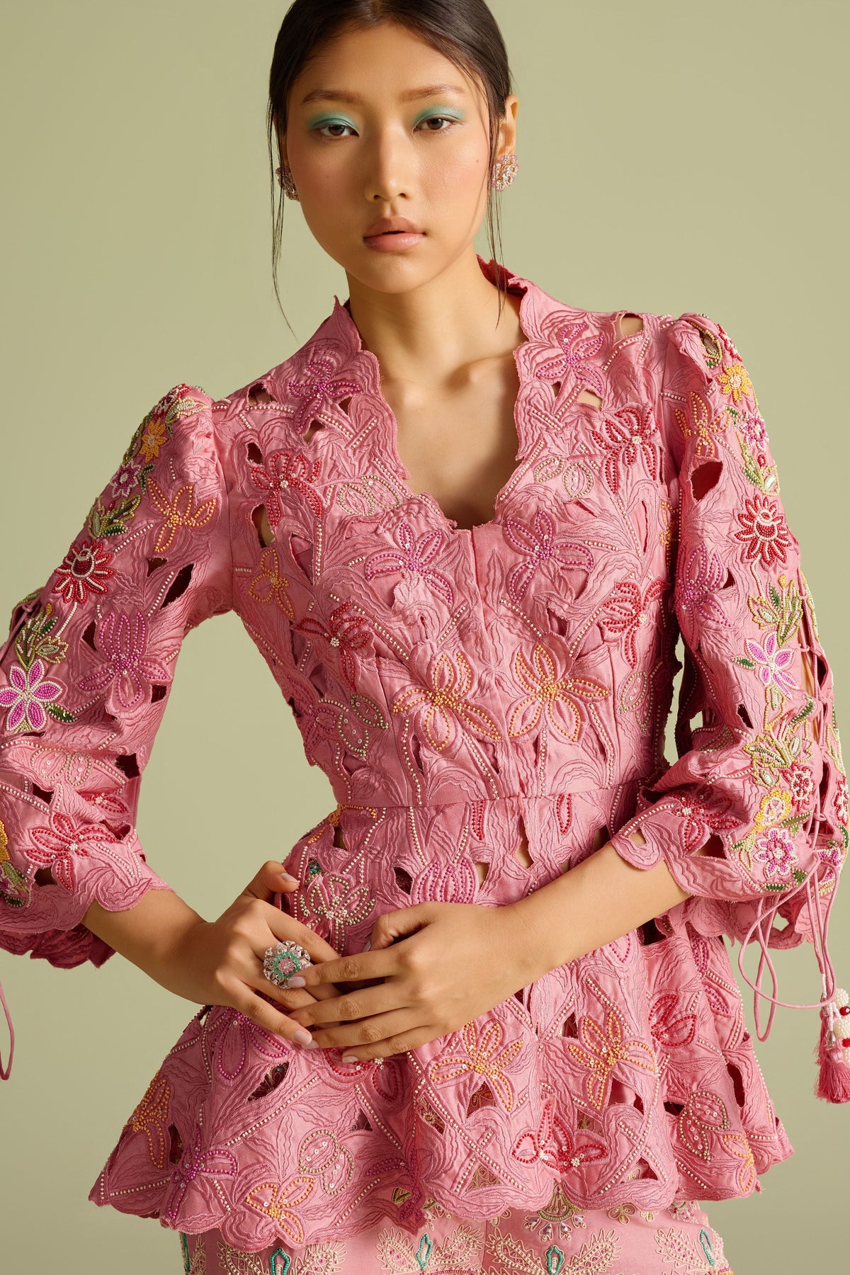 Pink Cutwork Peplum Jacket