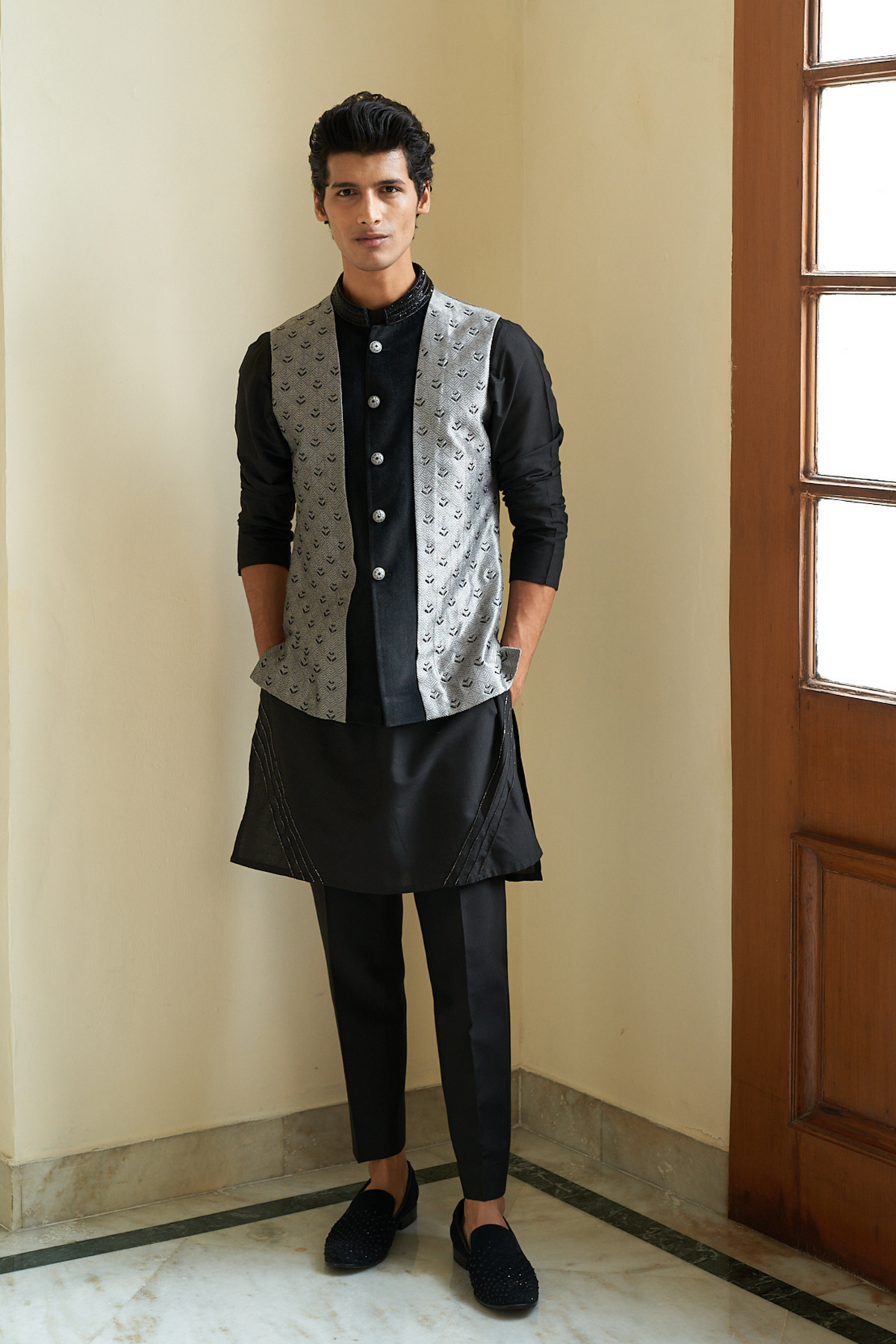 Sheen Black Nehru Jacket Set