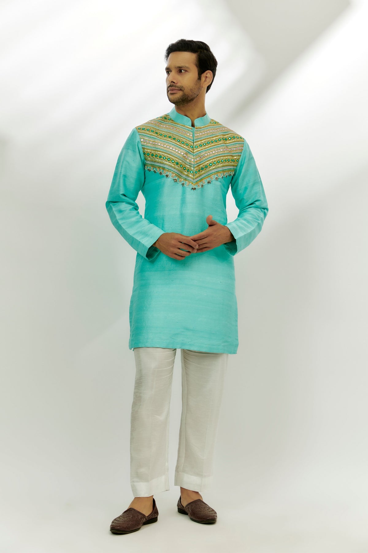 Cyan Blue Raw Silk Embroiderd Kurta