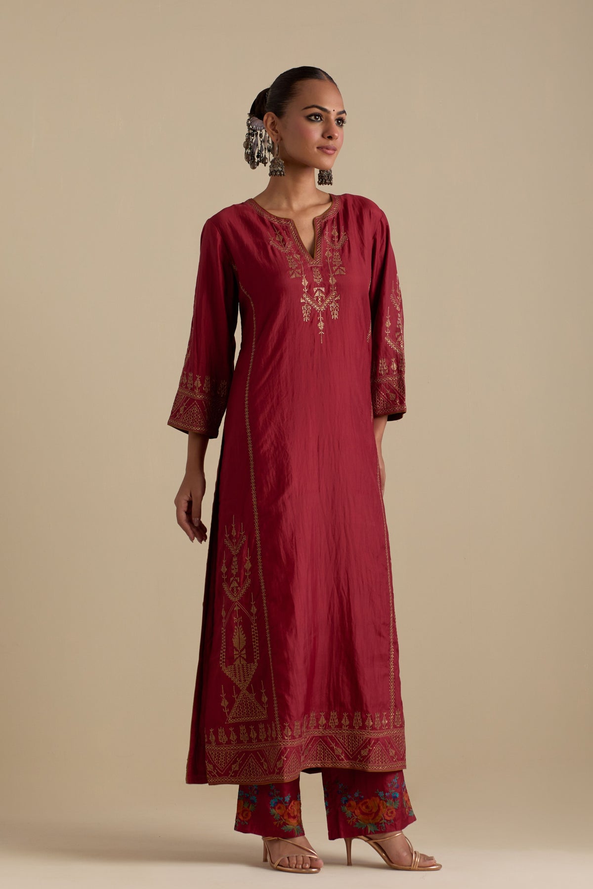 Barn Red Silk Straight Kurta Set