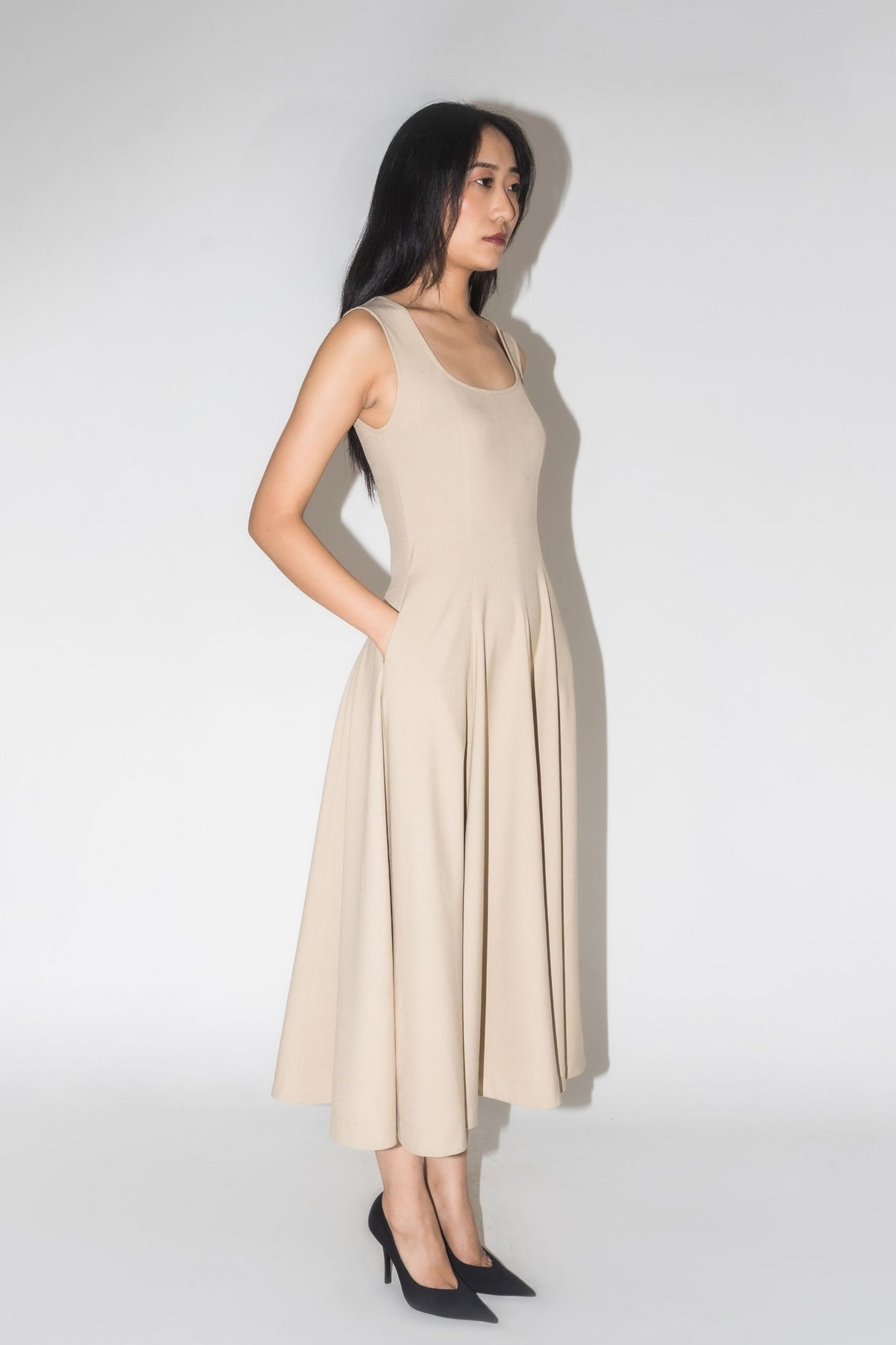 Scooped Panel Beige Dress