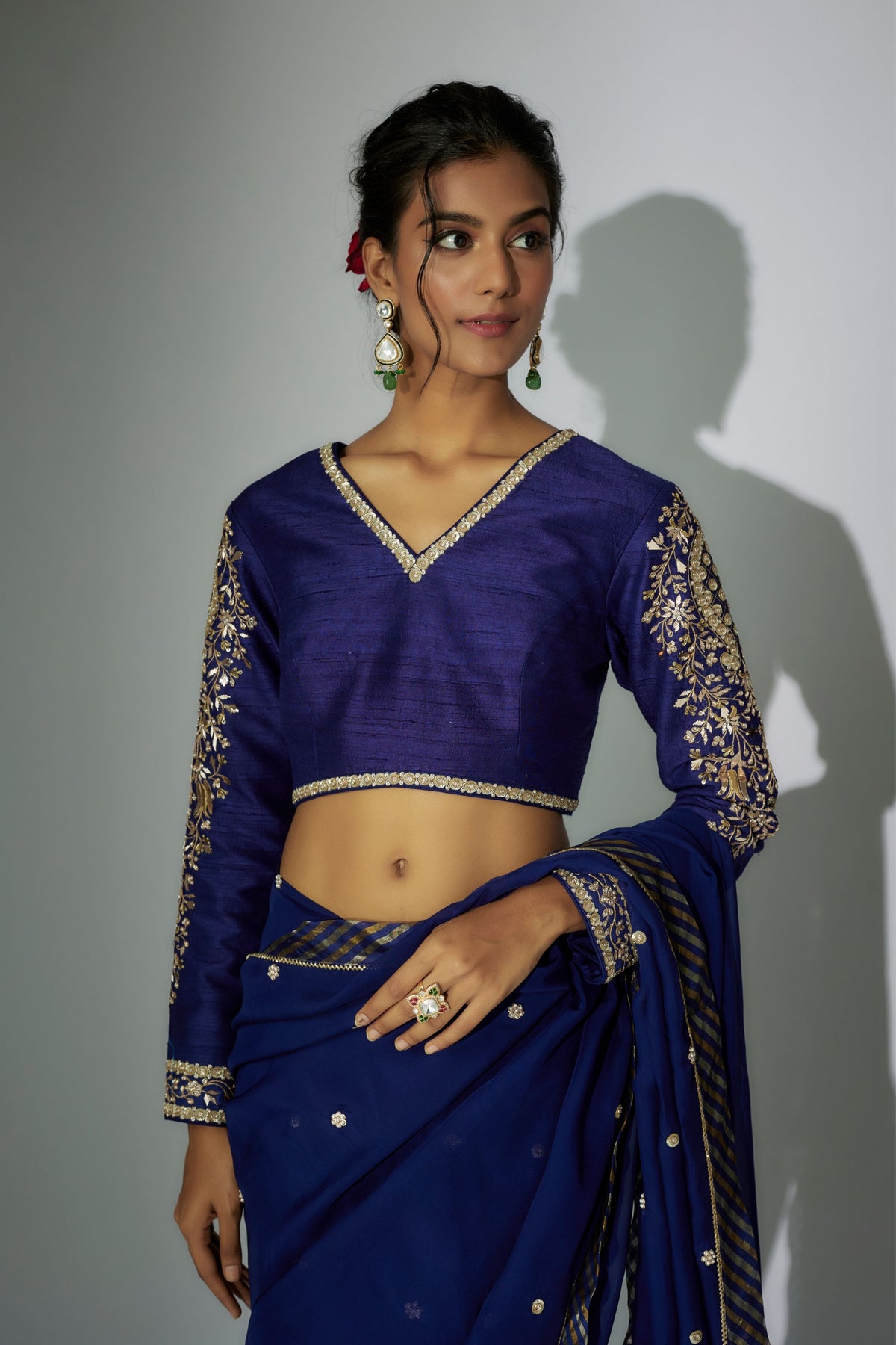 Royal Blue Embroidered Saree Set