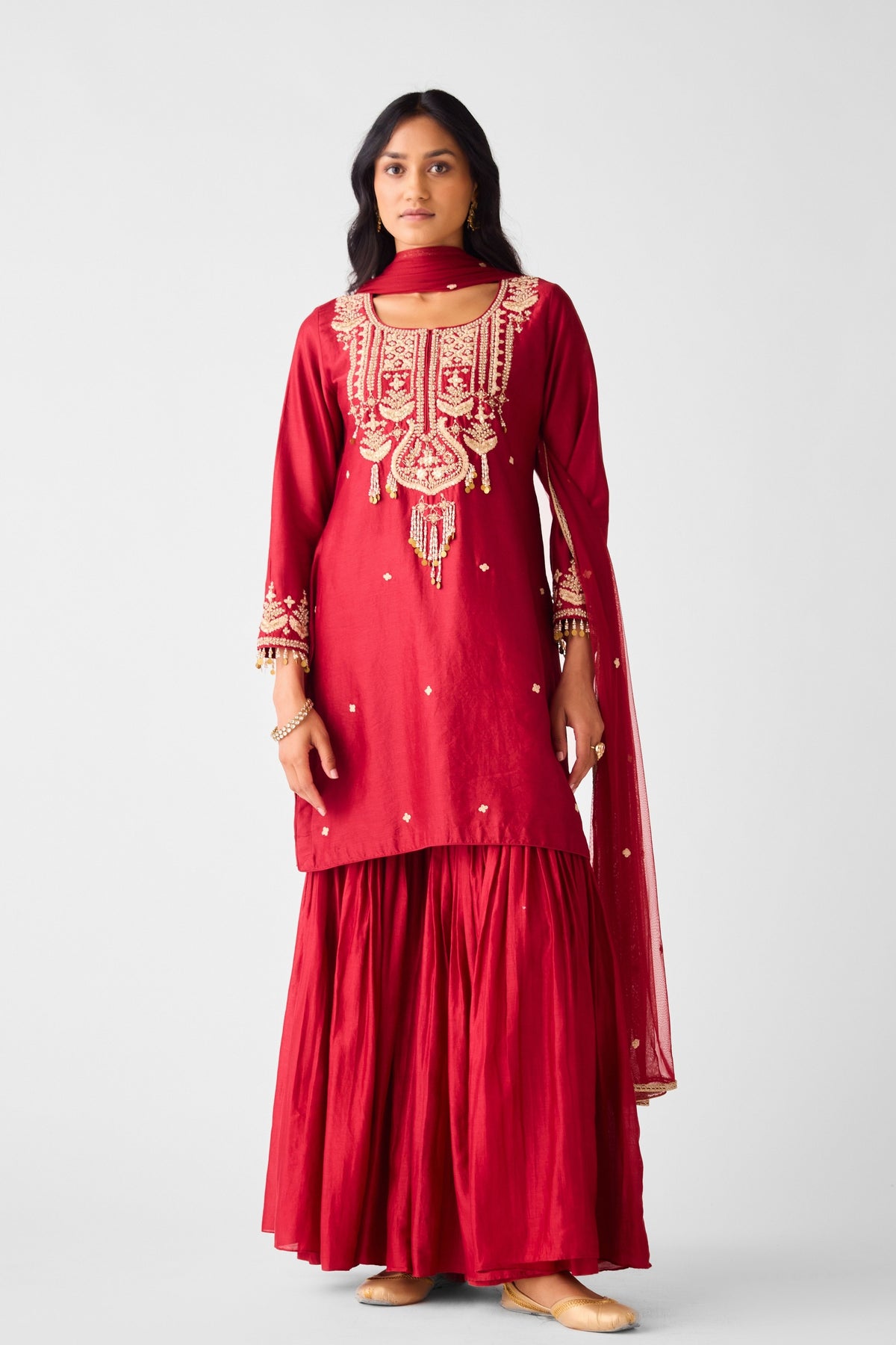 Red Embroidered Sharara Set