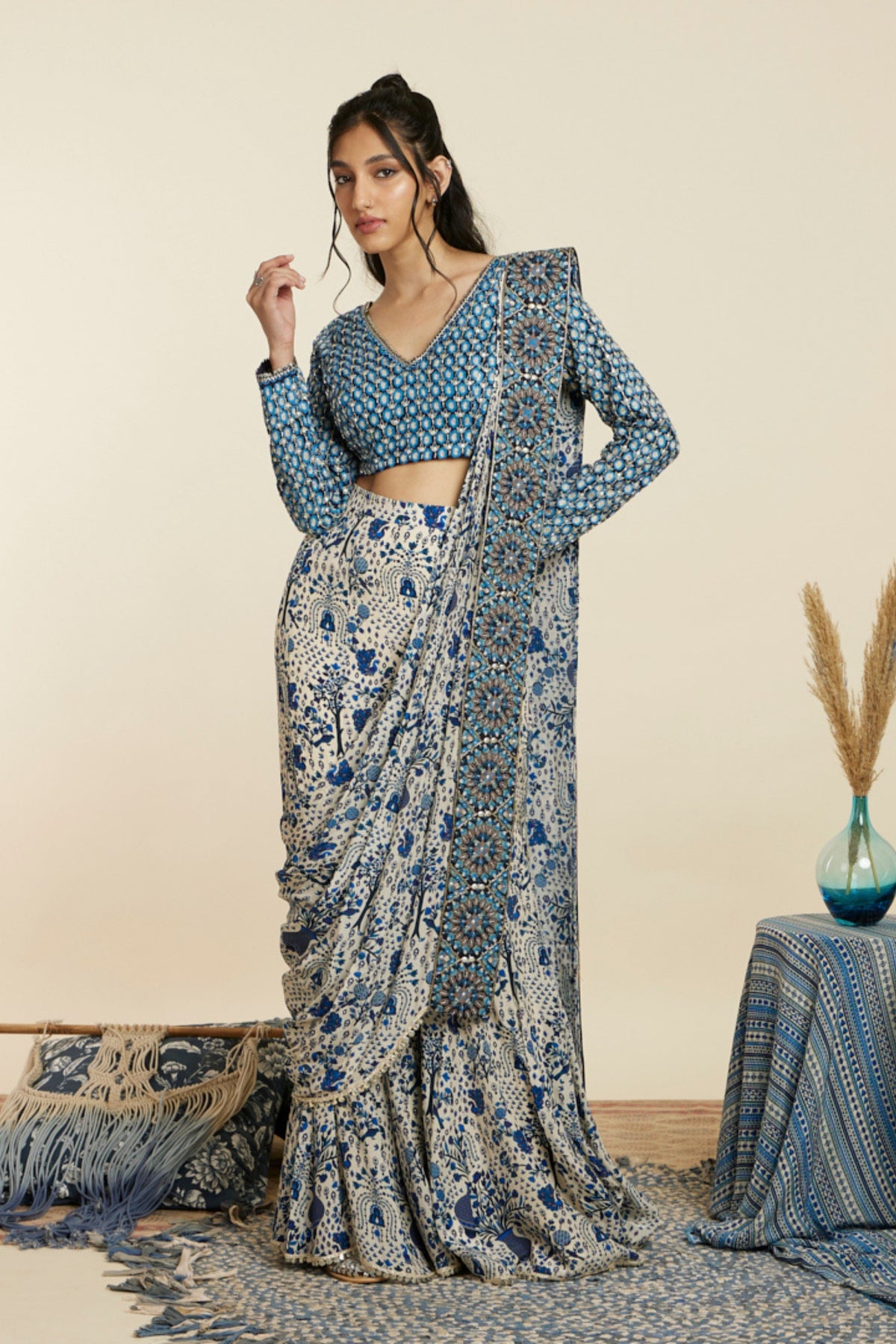 Safar Blue Jaal Sharara Saree Set