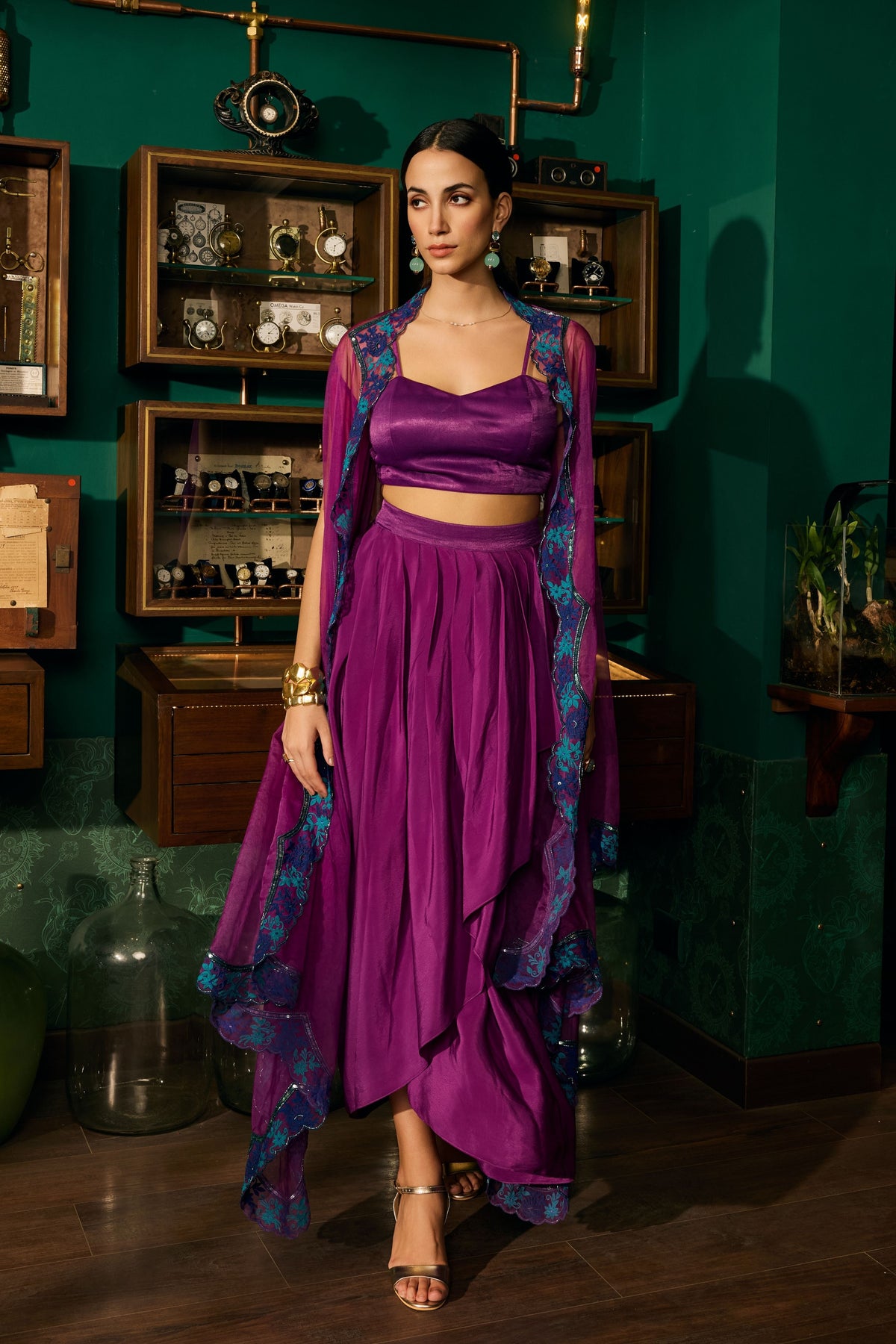 Purple Embroidered Cape Set