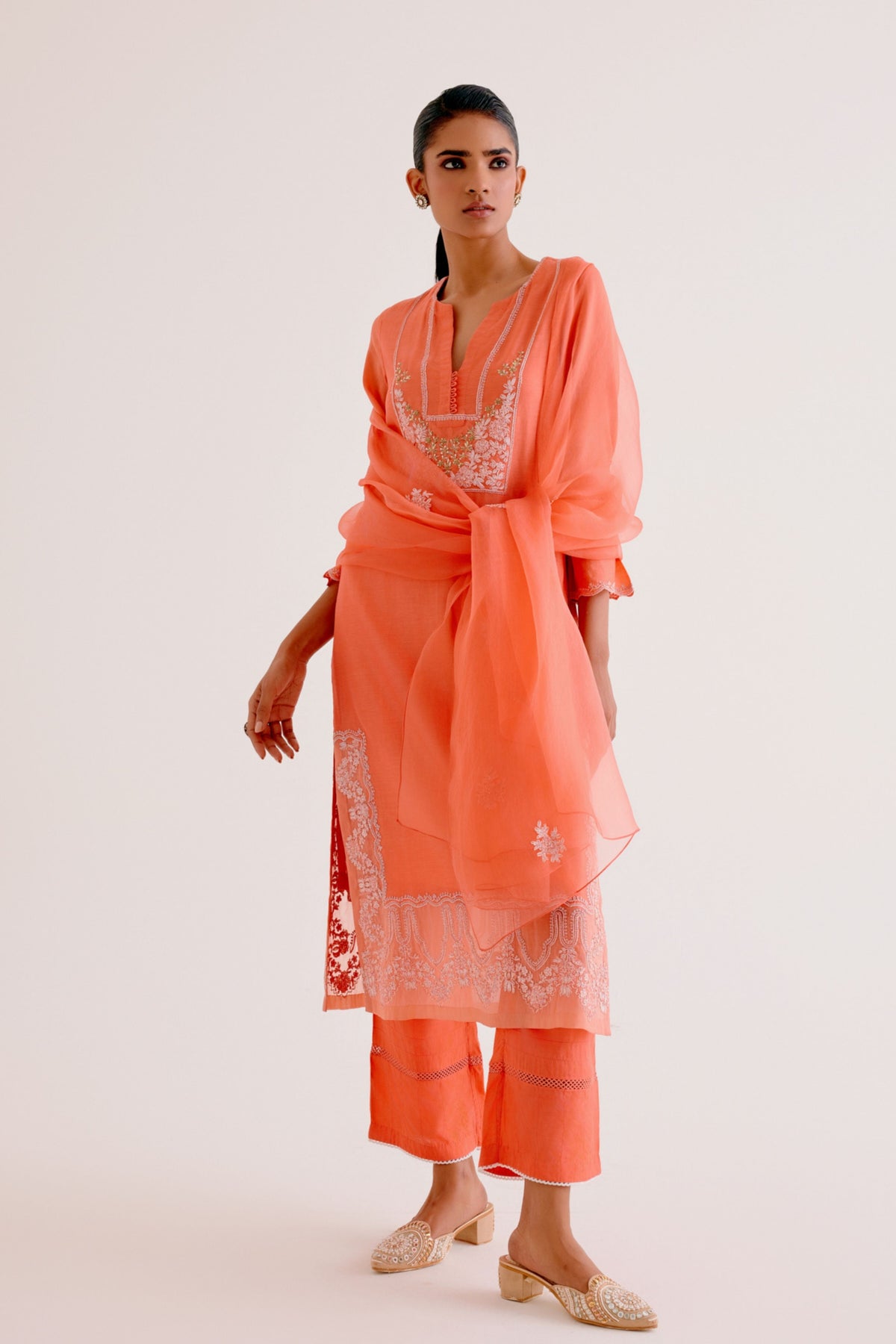 Orange Embroidered Kurta Set