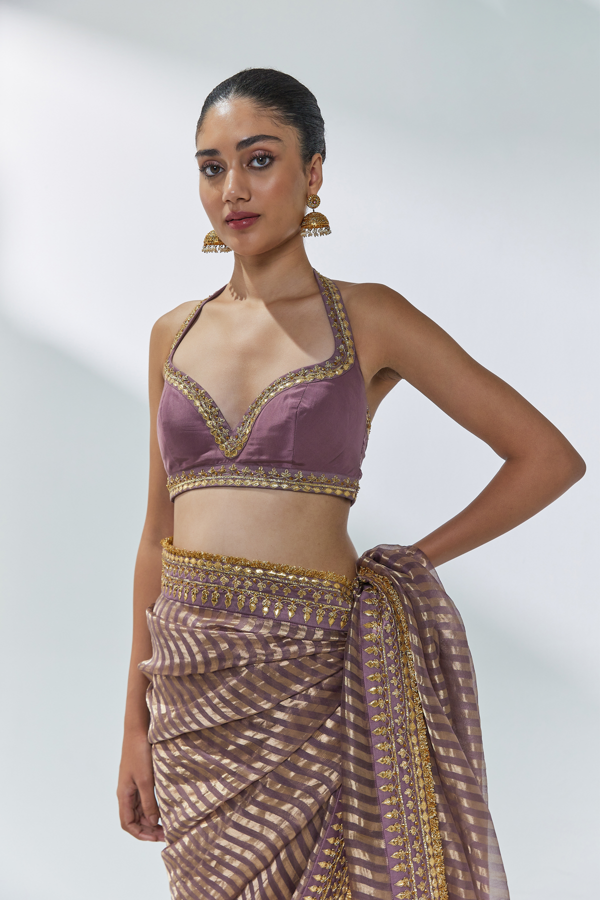 Dusty Mauve Embroidered Saree Set