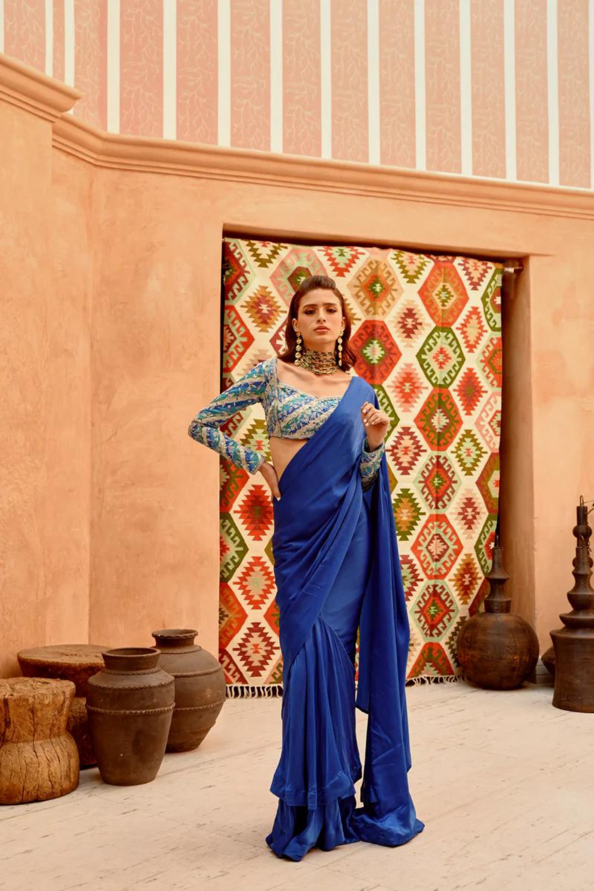 Cobalt Blue Drape Saree Set