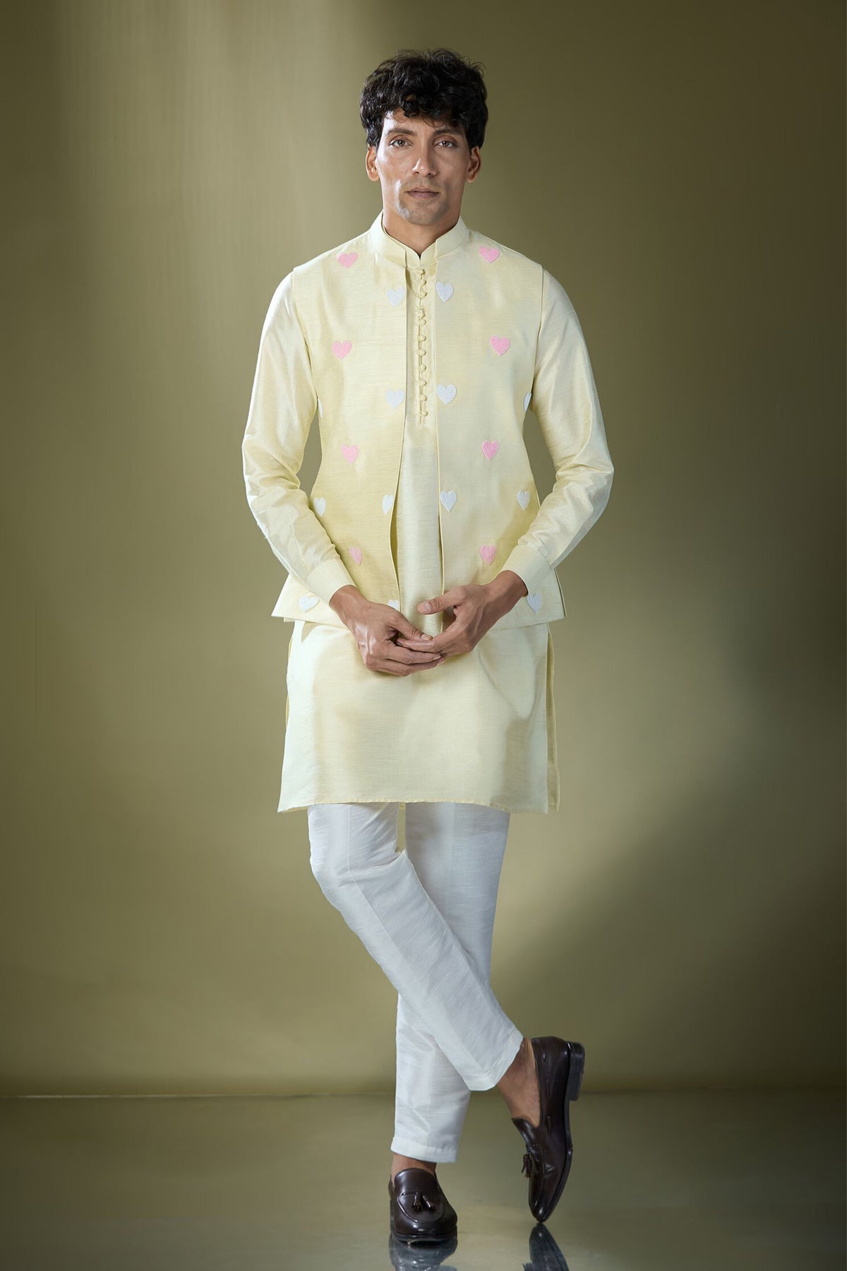 Parrot Green Embroidered Nehru Jacket Set