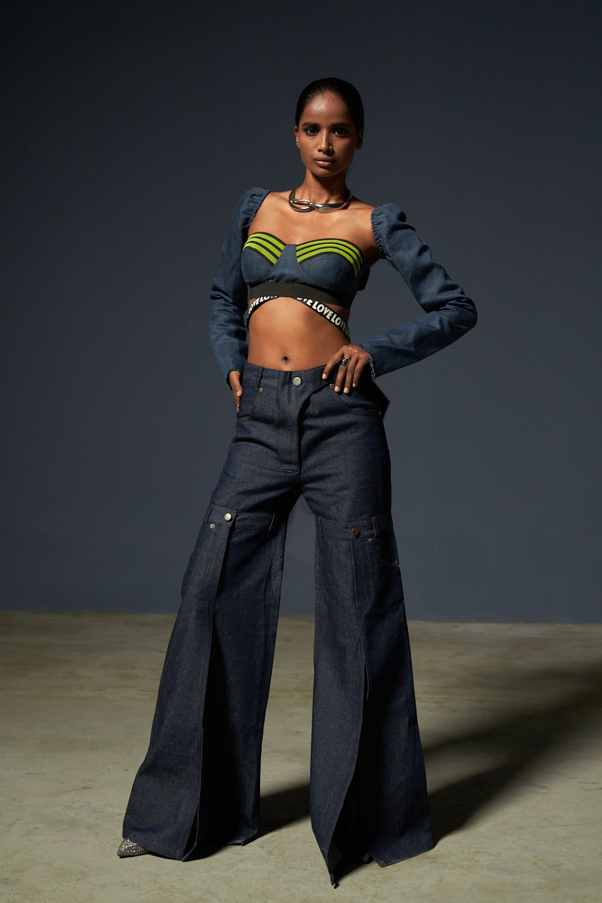 Mid Waist Slit Denim Pants