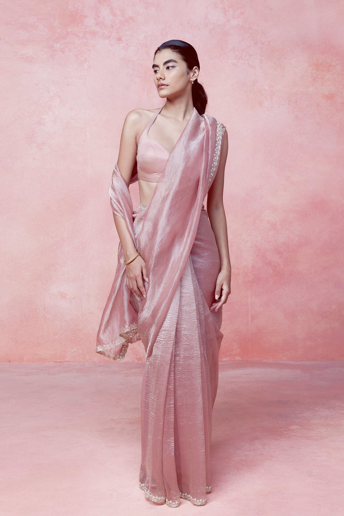 Handwoven Quartz Pink Tissue Saree