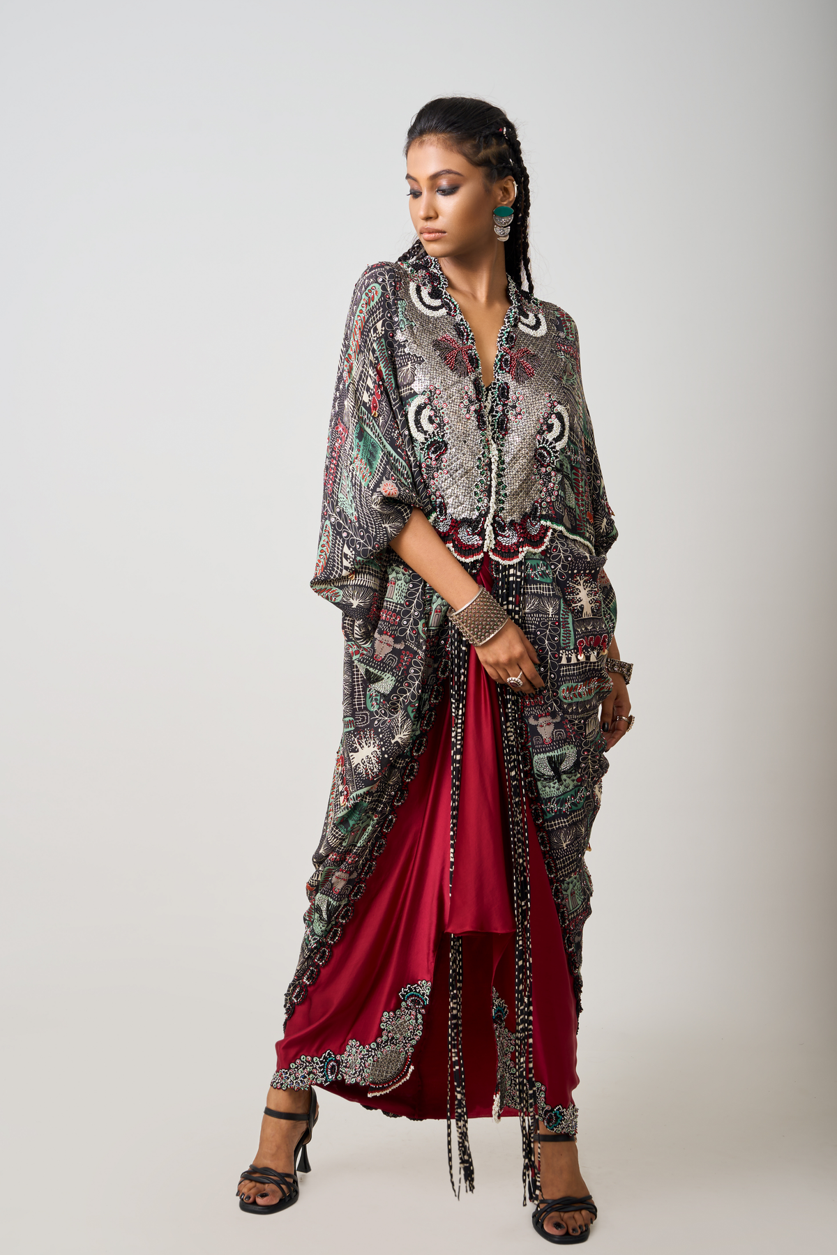 Printed Embroidered Long Cape Set