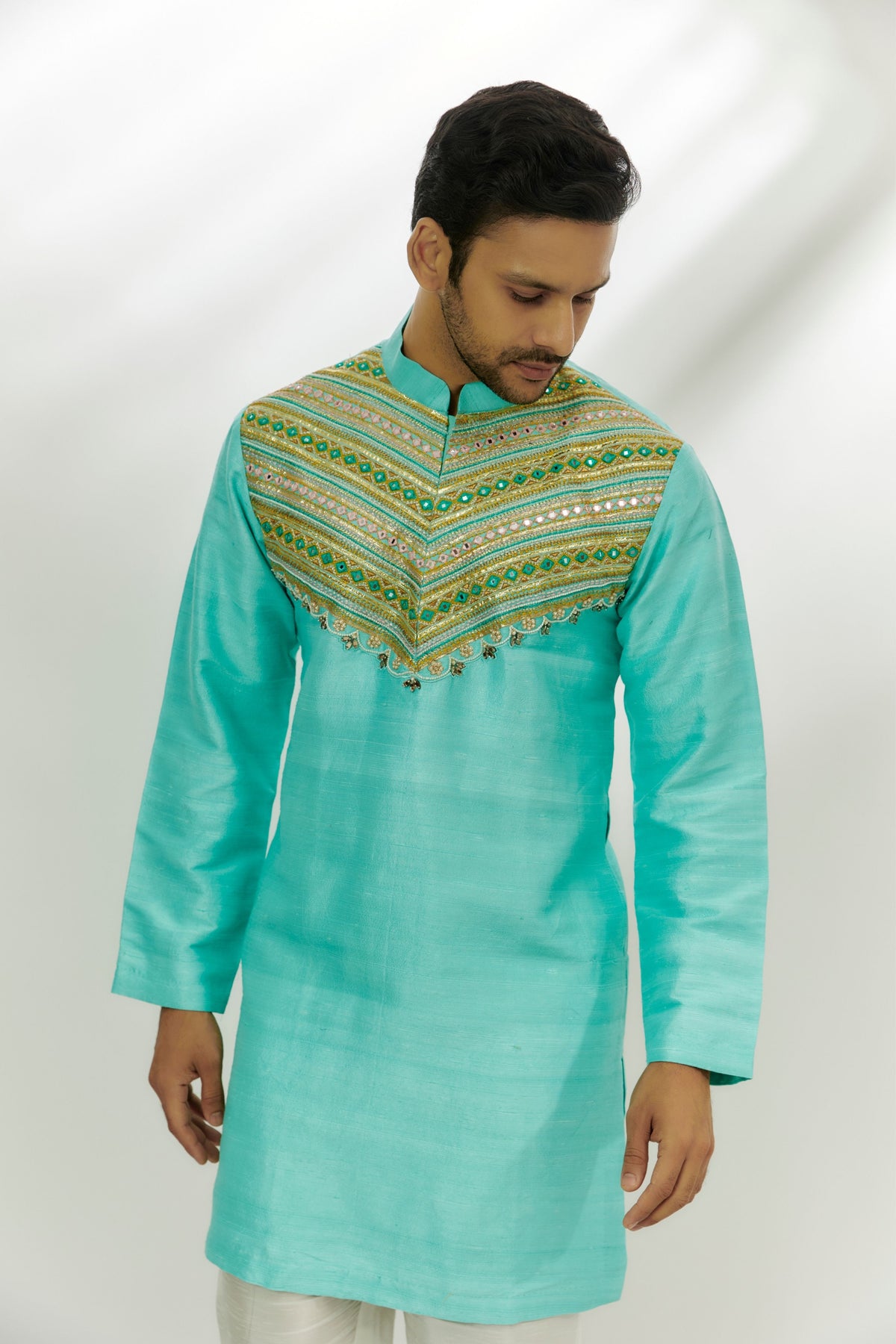 Cyan Blue Raw Silk Embroiderd Kurta