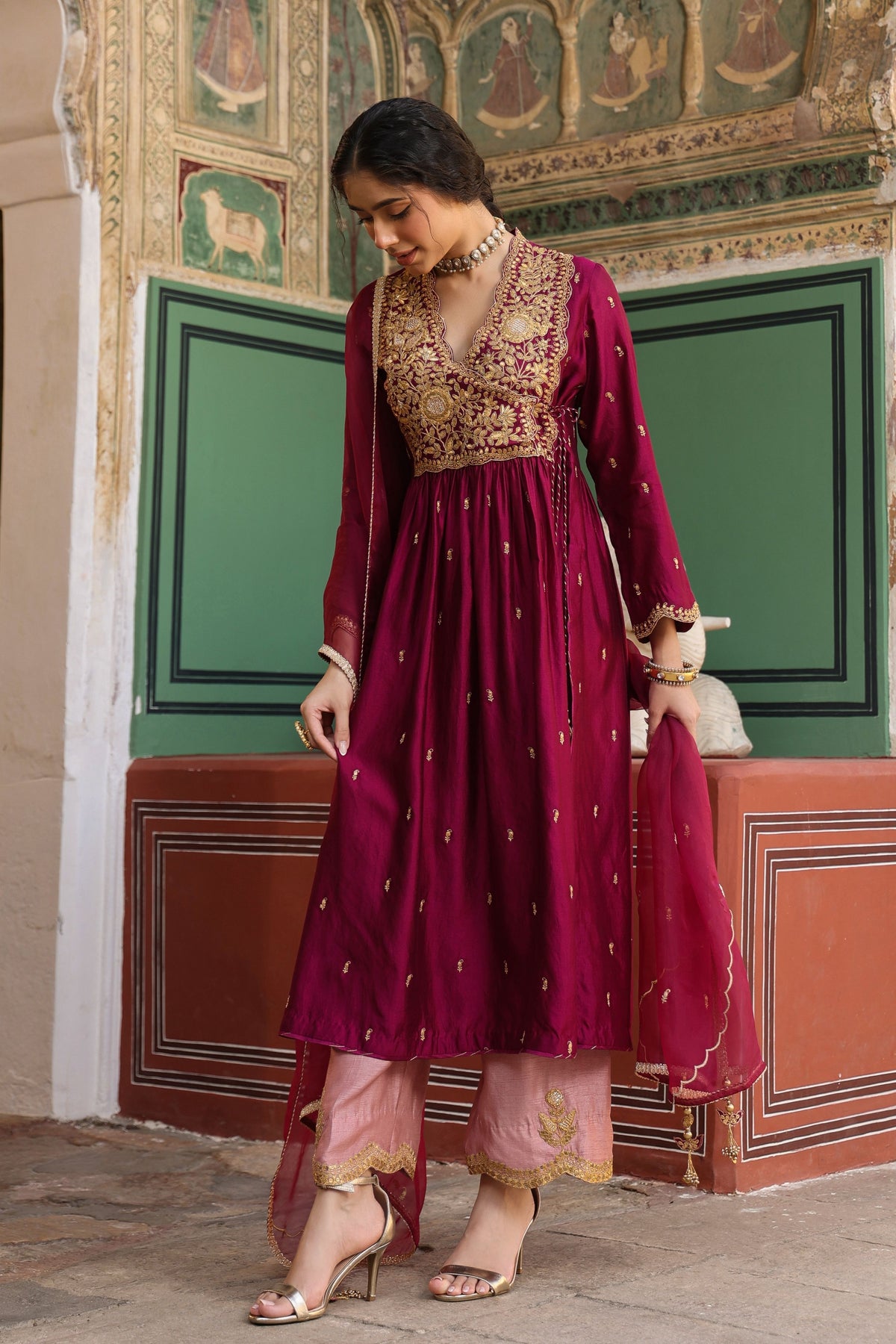 Overlap Frockstyle Wine Kurta Set