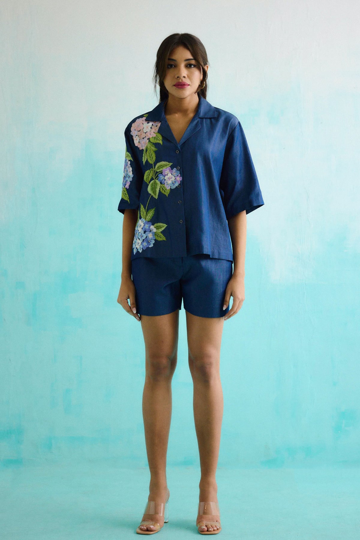 Denim Hydrangea Half Sleeve Embroidered Shirt