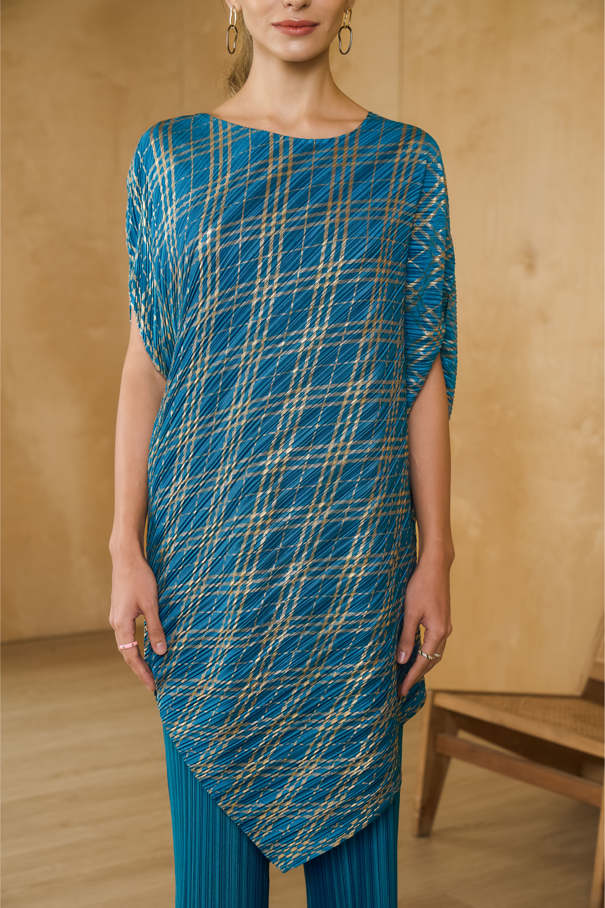 Teal Blue Metallic Kurti Drape Set