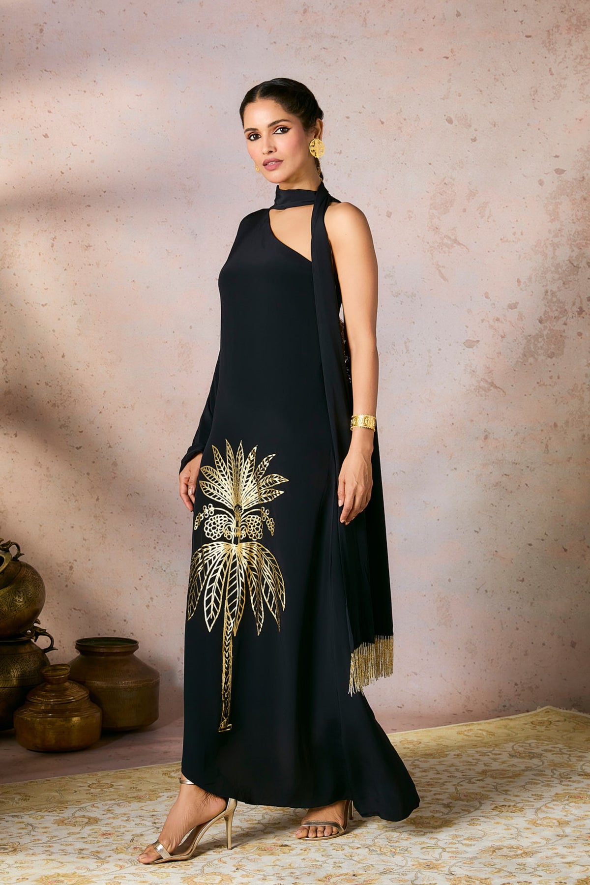 Black Tropical One Shoulder Kaftan