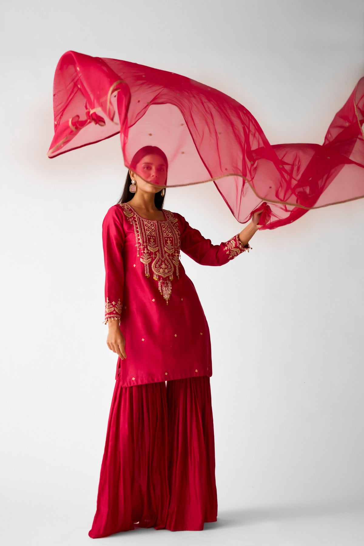 Red Embroidered Sharara Set