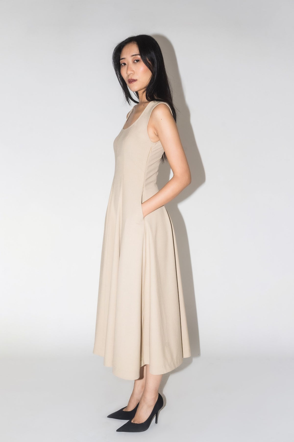 Scooped Panel Beige Dress