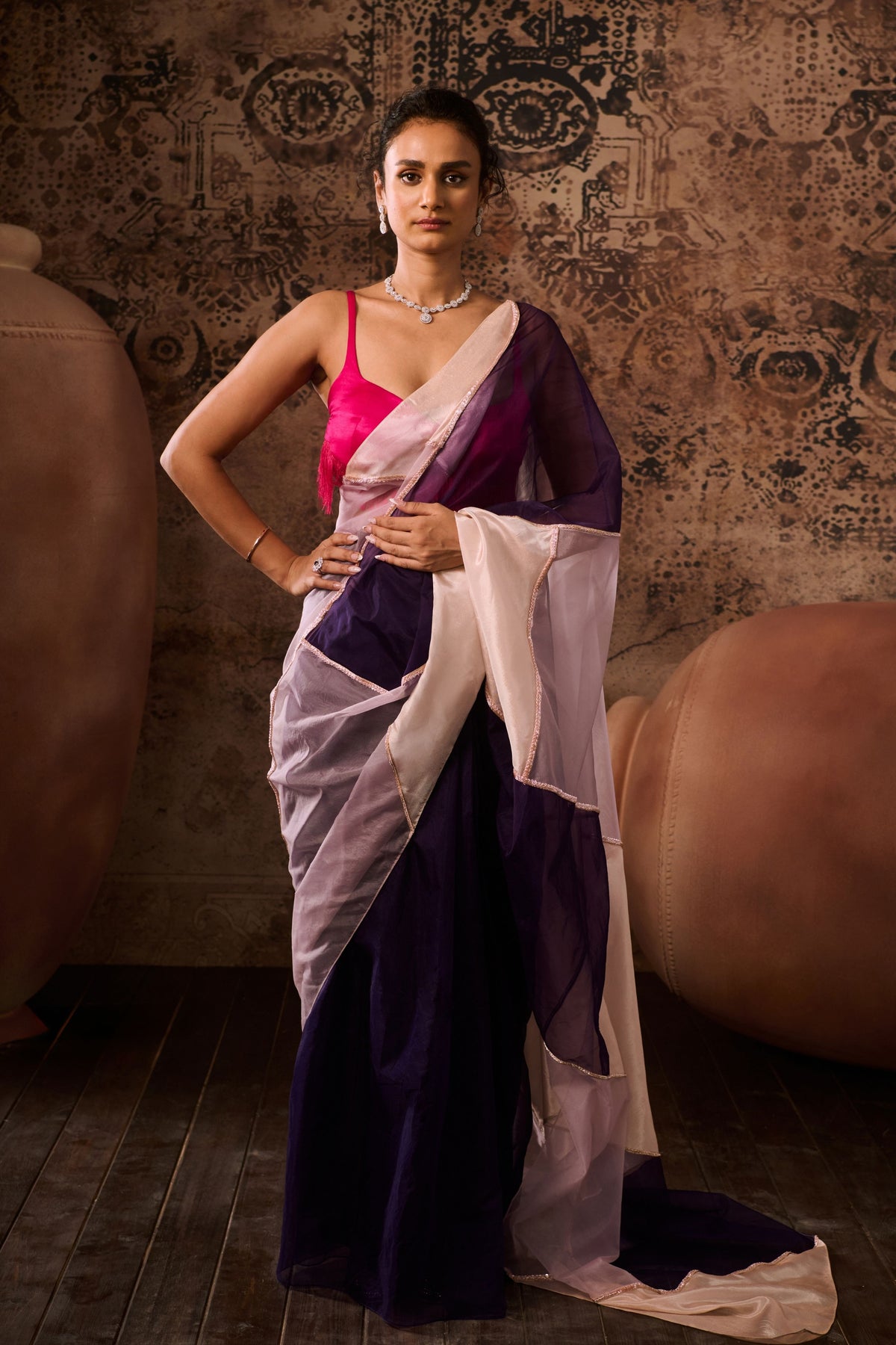 Hot Pink Blouse With Multicoloured Saree