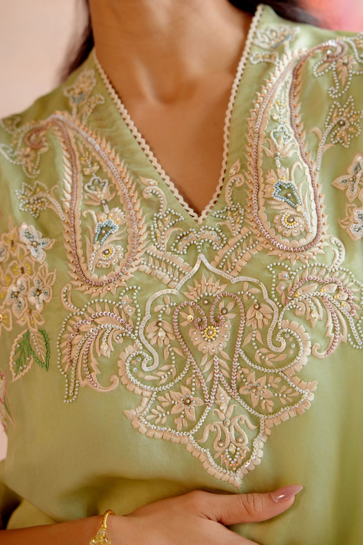 Mint Green Contrast Paisely Embroidered Tunic Set