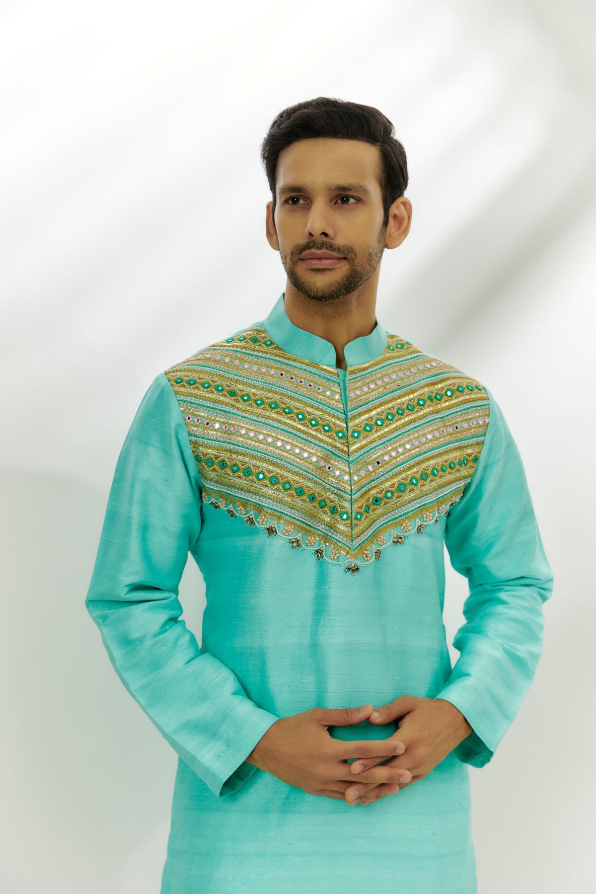 Cyan Blue Raw Silk Embroiderd Kurta