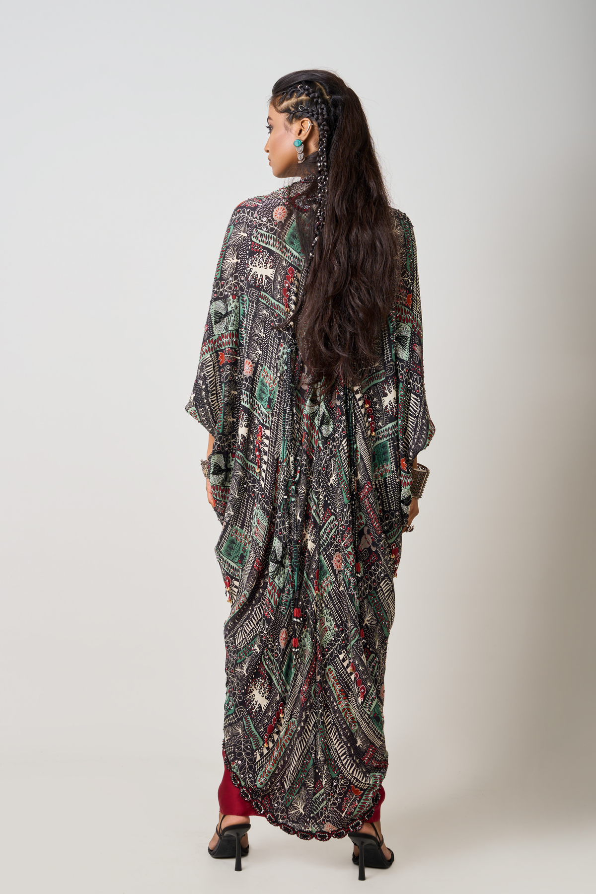 Printed Embroidered Long Cape Set