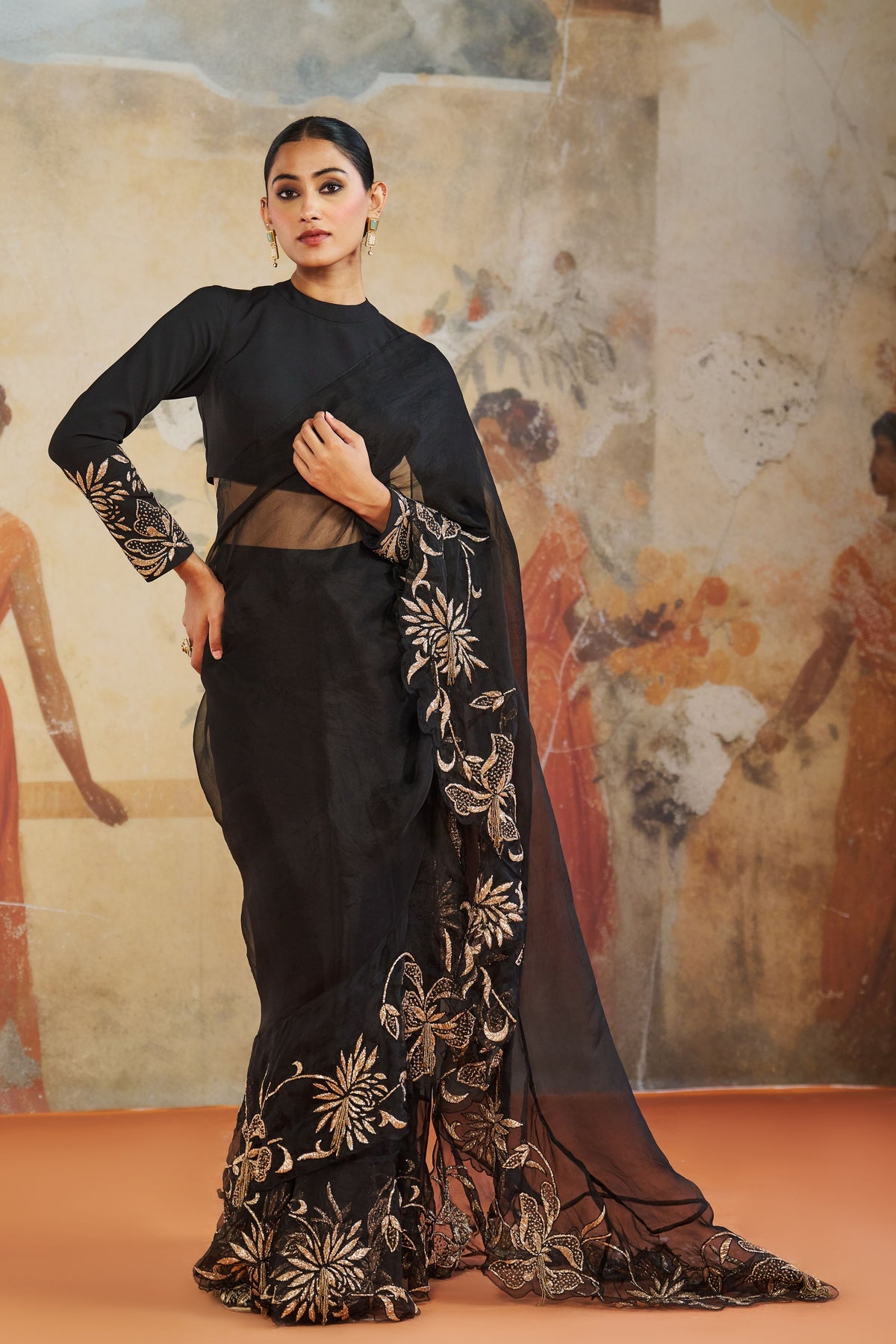 Black Ruffle Saree Set