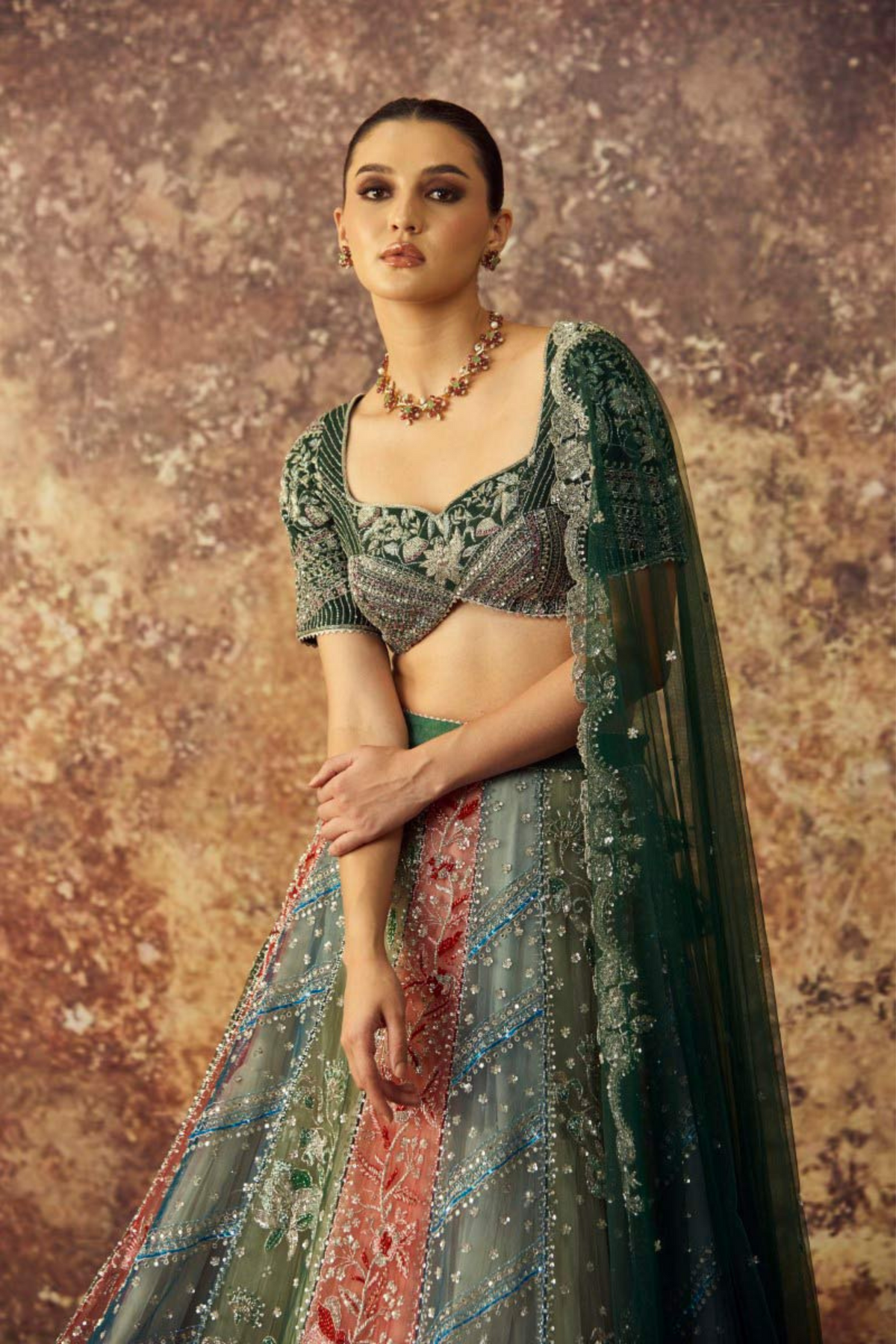 Multi Coloured Panelled Lehenga Set