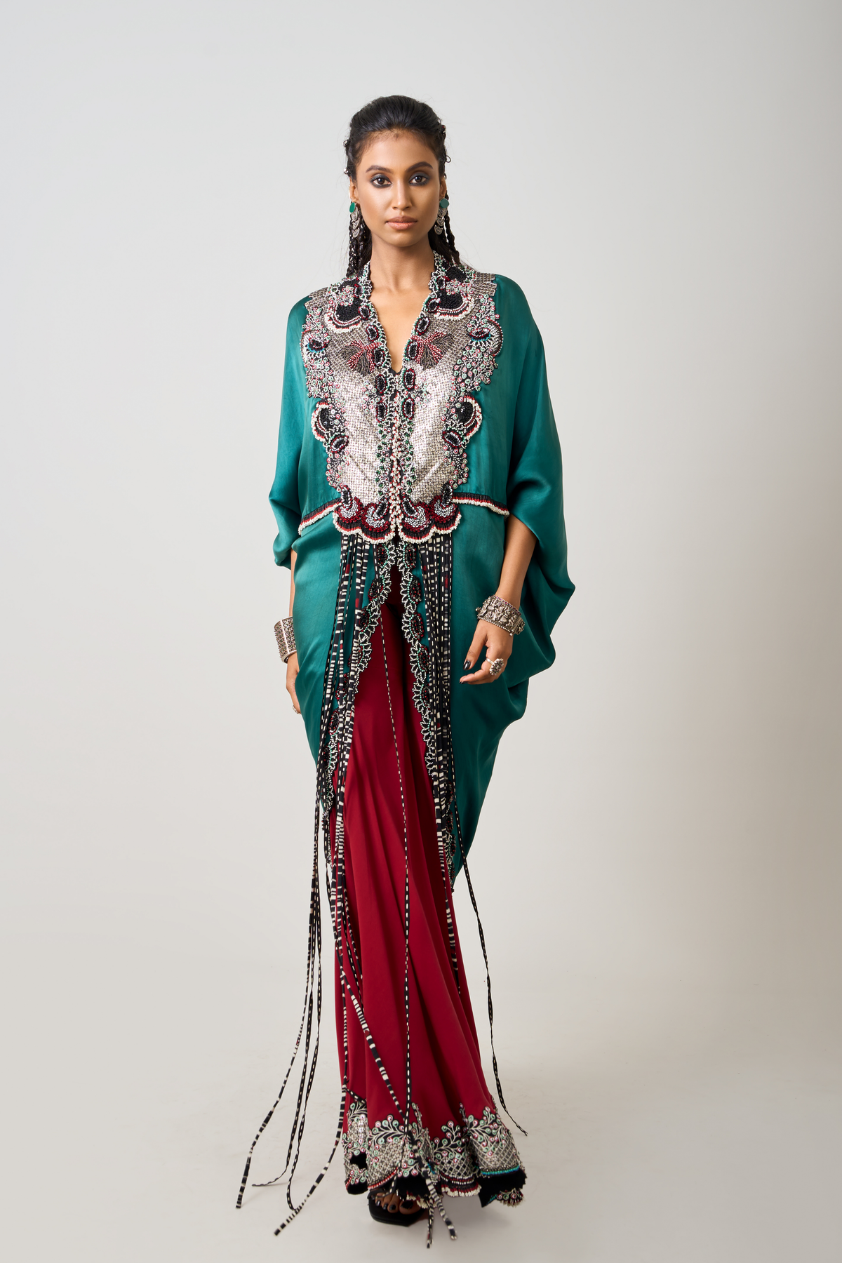 Teal Embroidered Long Cape Set