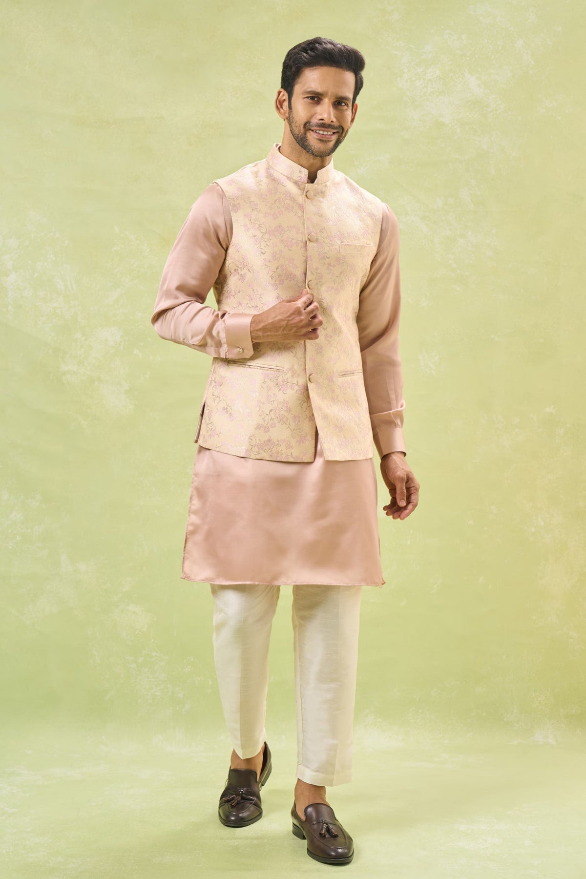 Pink Brocade Nehru Jacket Set