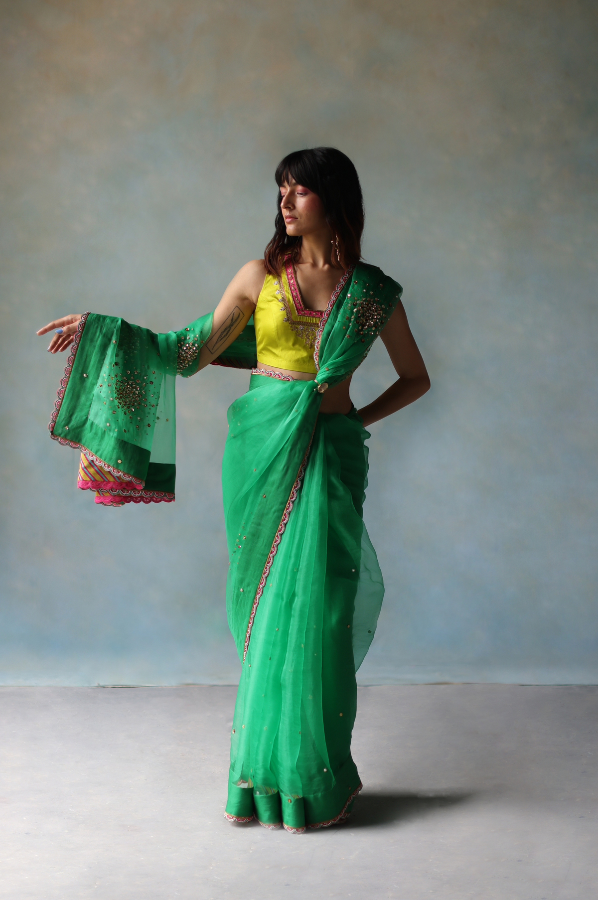 Gul Green Sequin Flower Sari