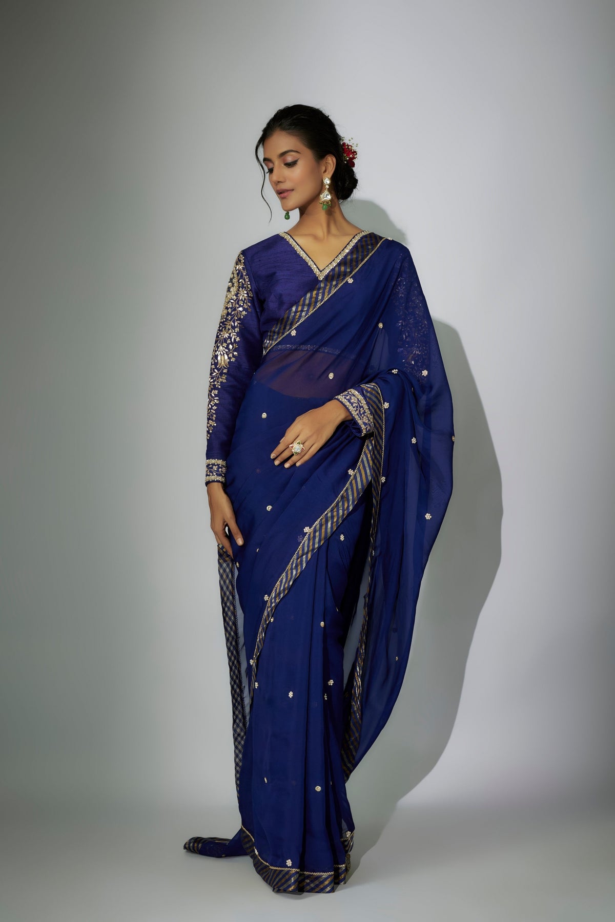 Royal Blue Embroidered Saree Set