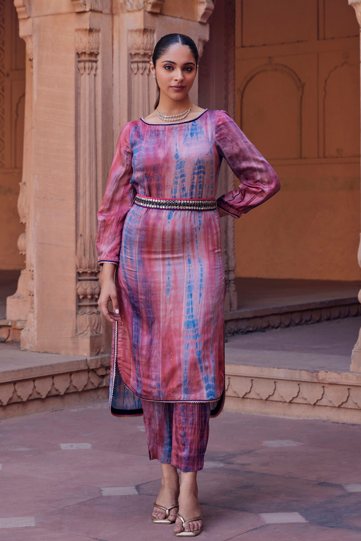 Raina Chanderi Silk Dress With Tie -dye Embroidery