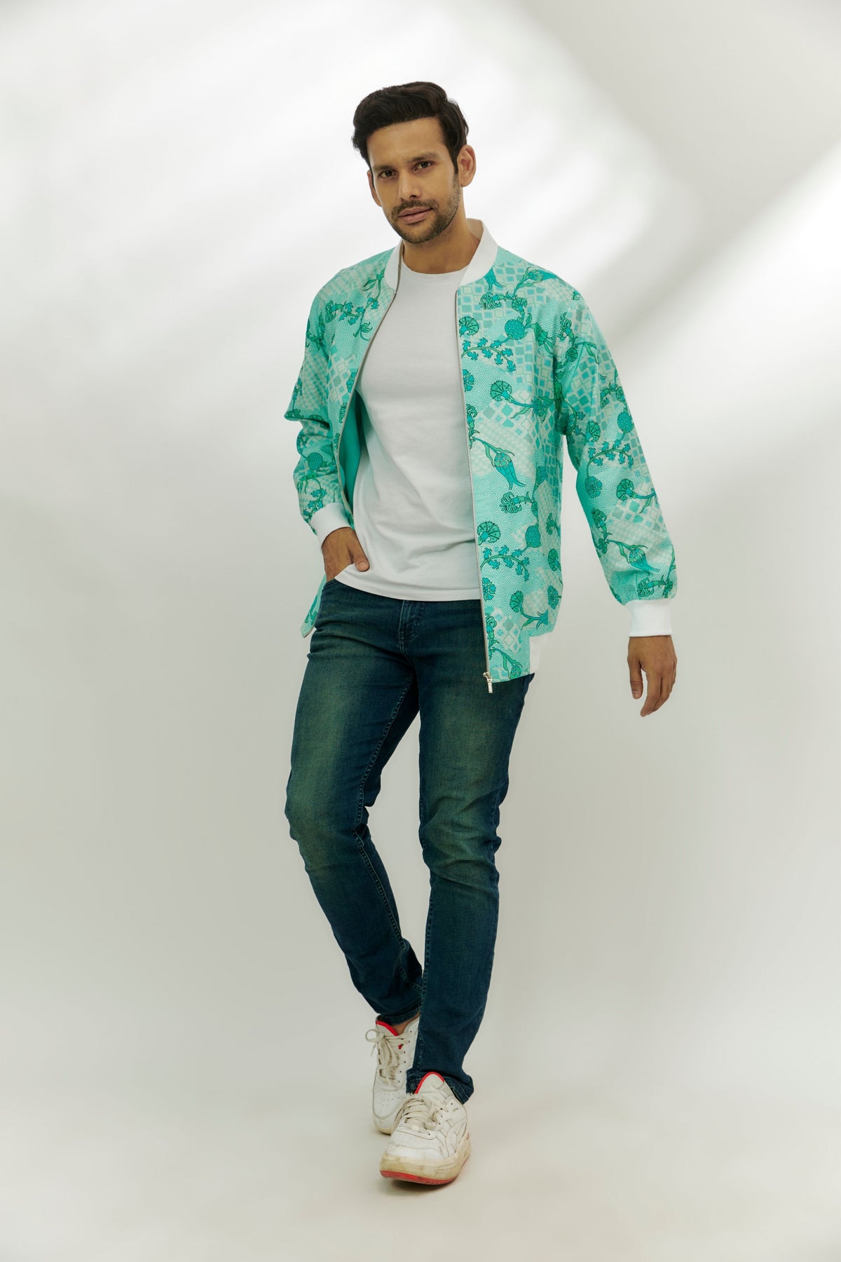 Cyan Blue Printed Bomber Jacket.