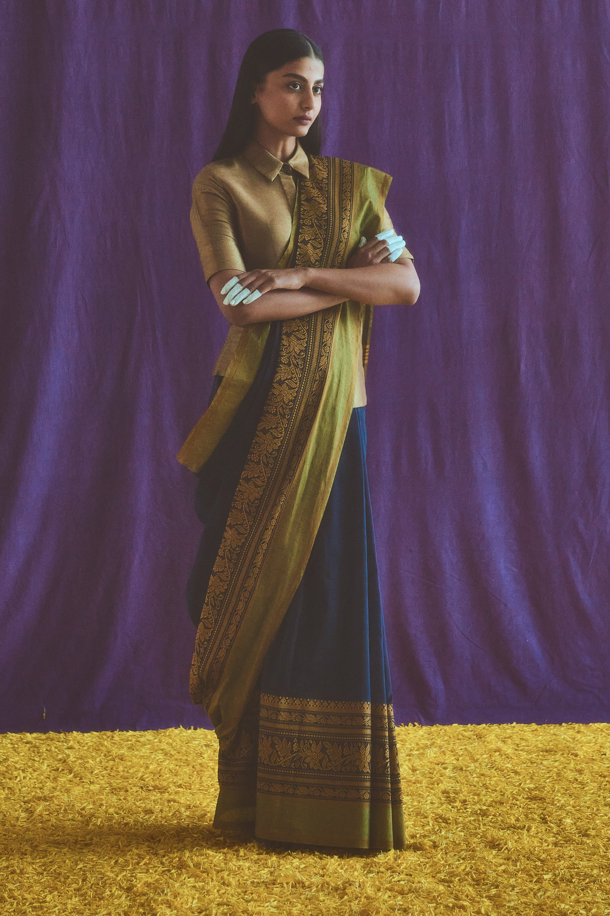 Hand Woven Navy Blue And Yellow Cotton Saree