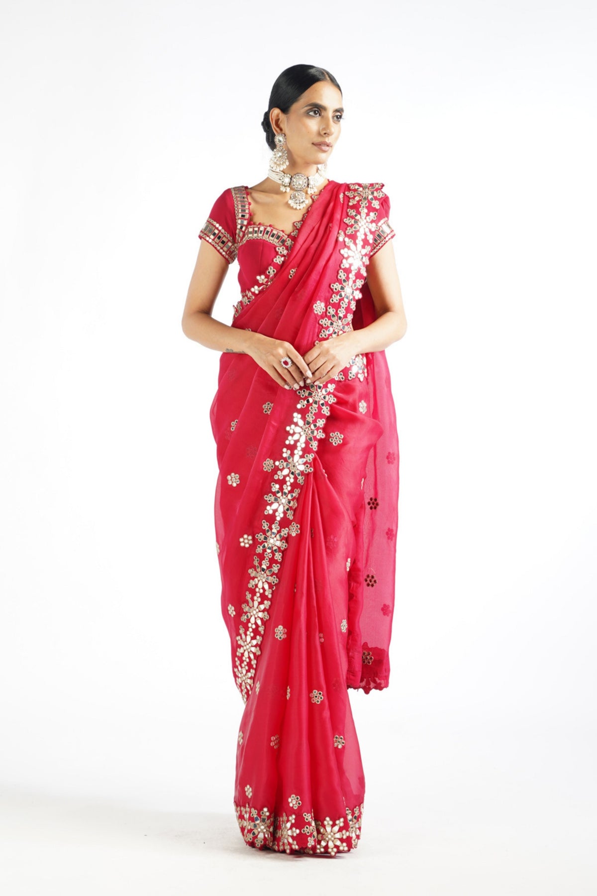 Crimson Red Mirror Work Saree Set