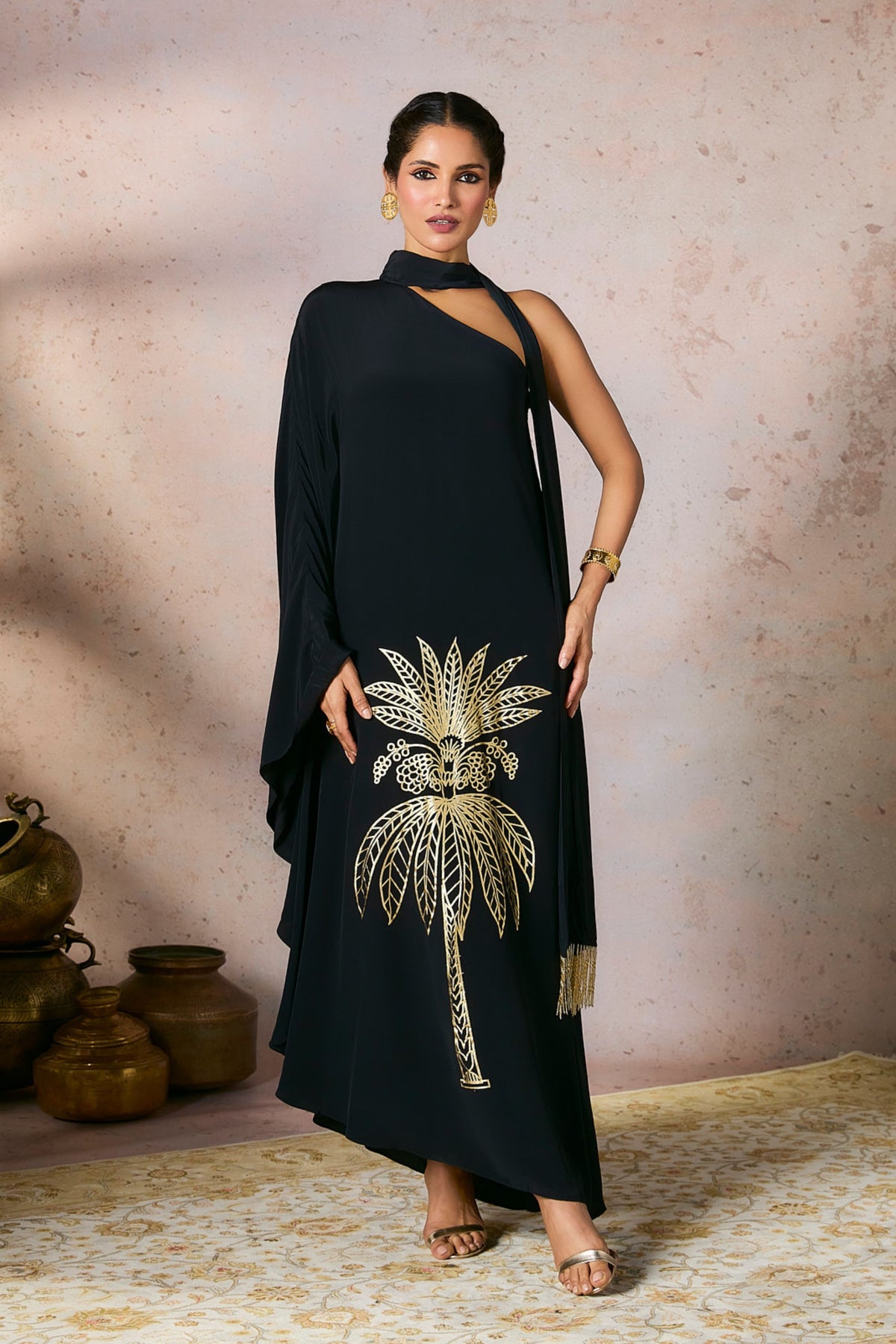 Black Tropical One Shoulder Kaftan