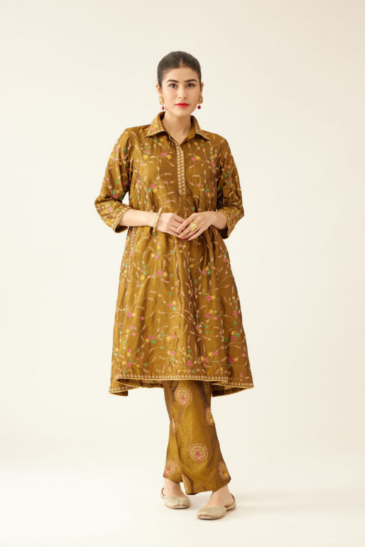 Golden Olive A-line Short Silk Kurta Set