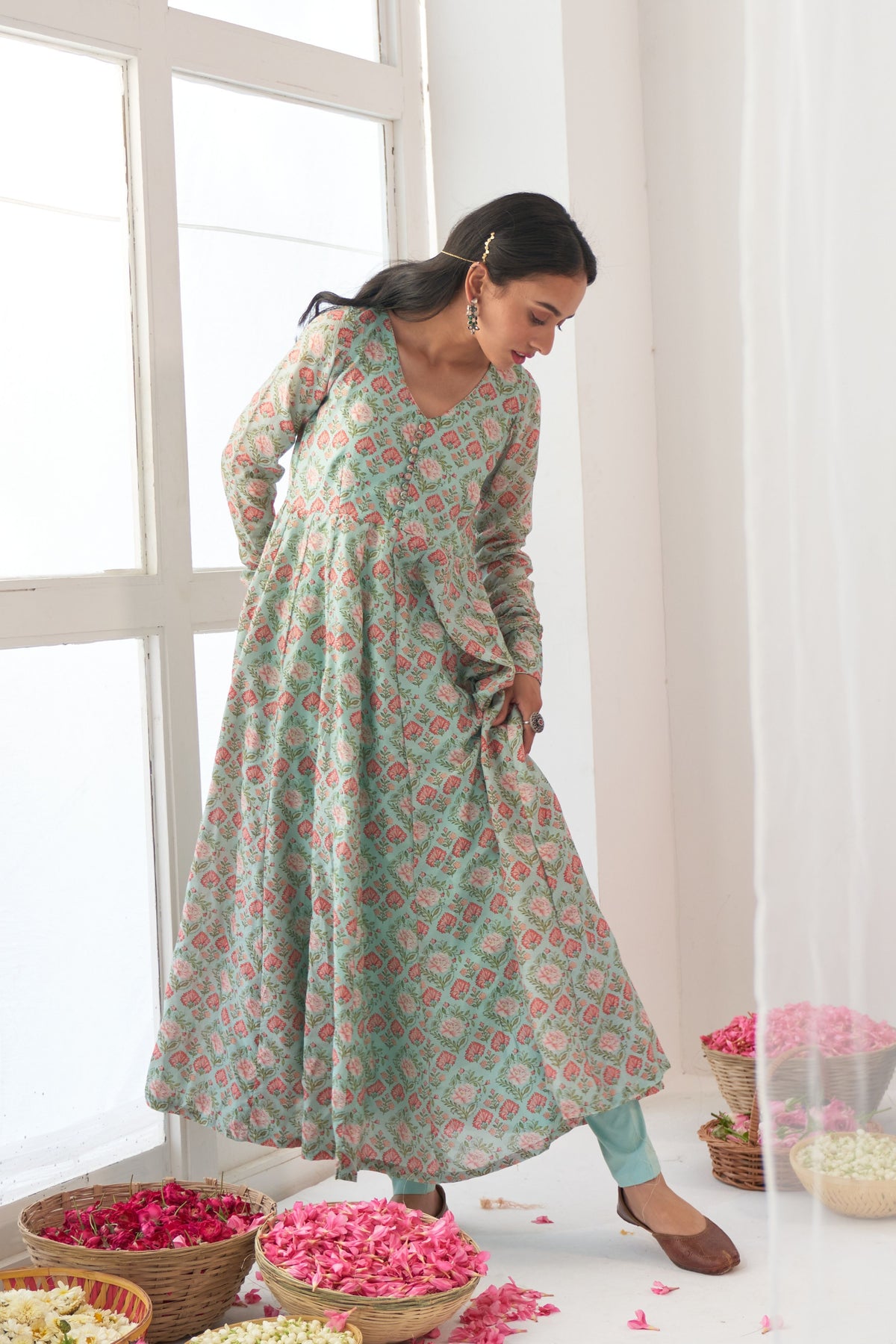 Aqua Peony Anarkali Set