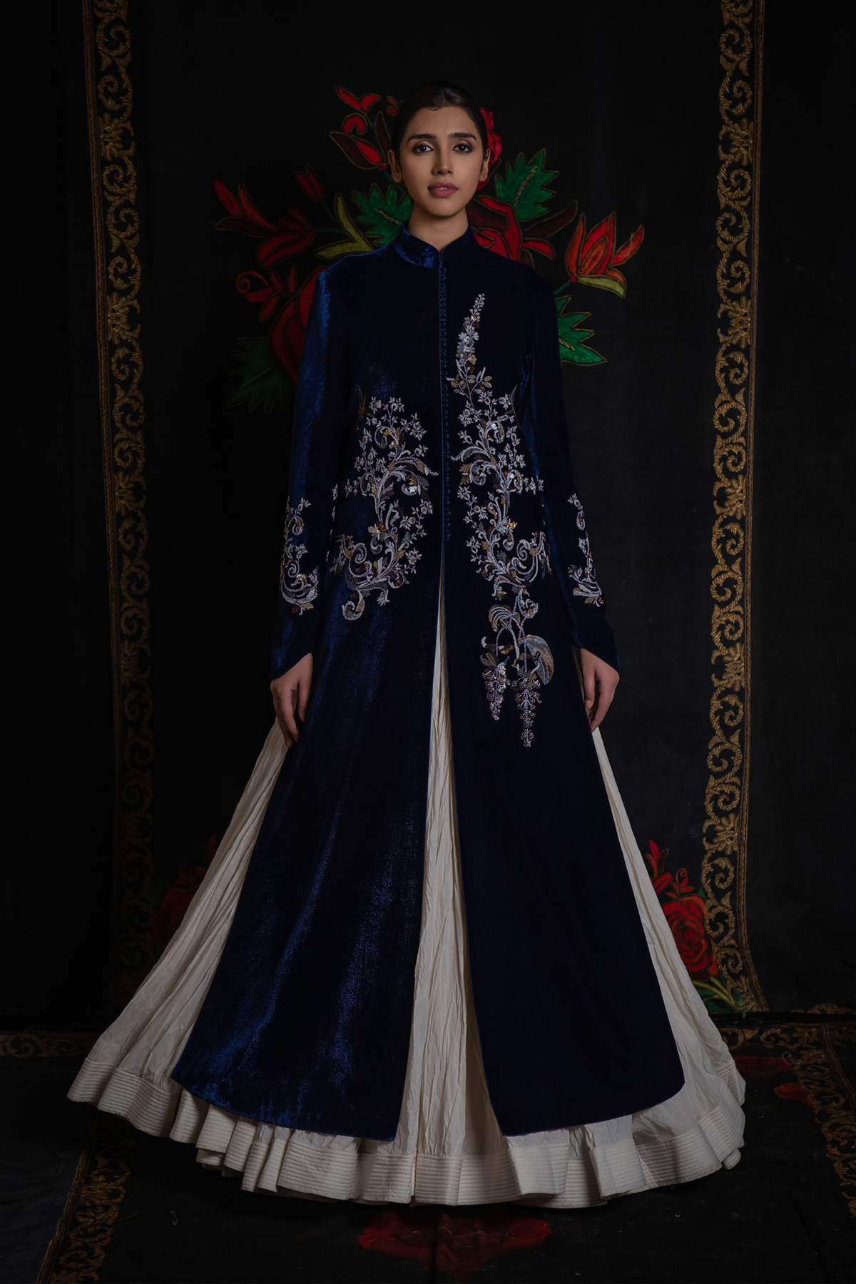 Indigo Long Velvet Jacket With Embroidery