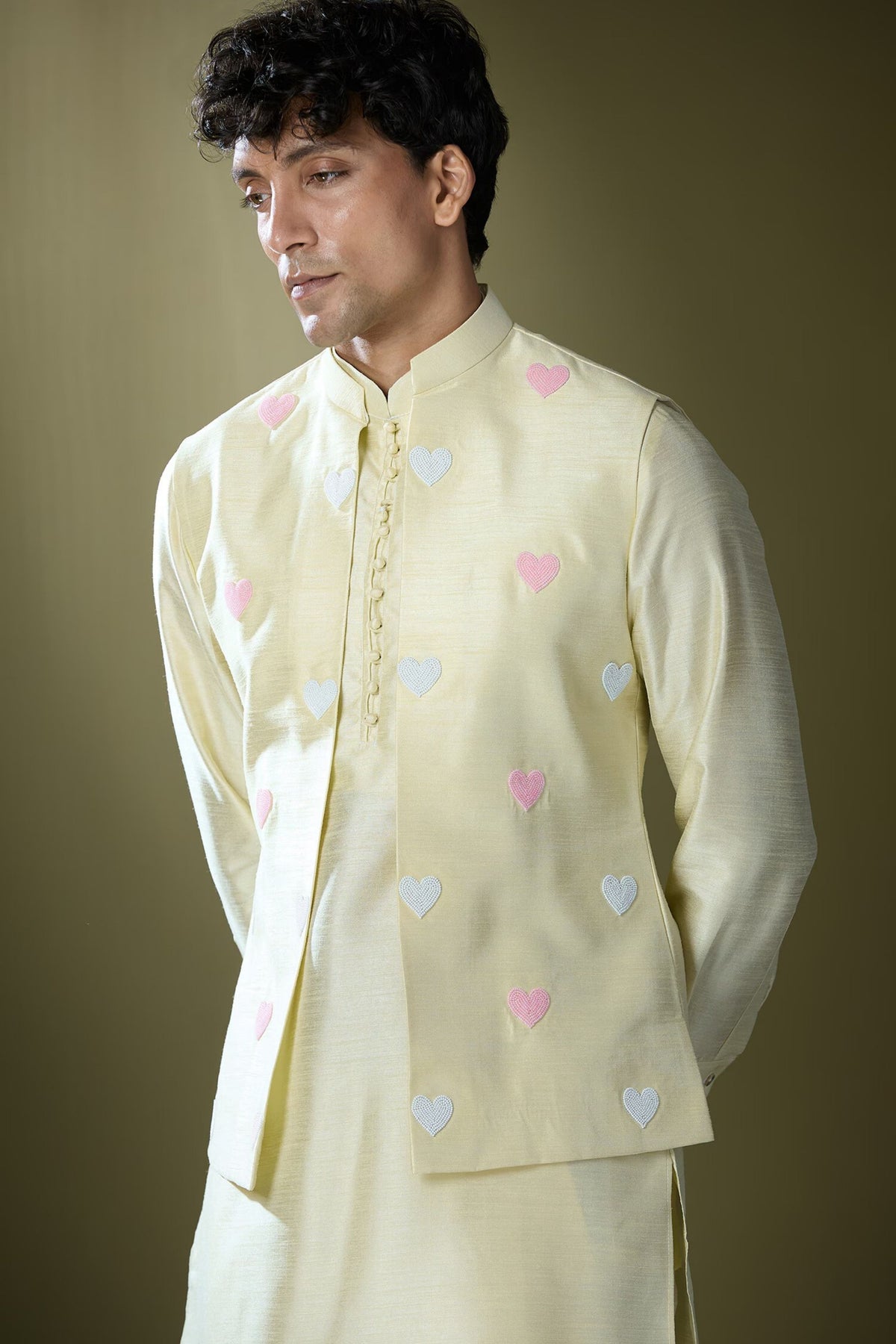 Parrot Green Embroidered Nehru Jacket Set