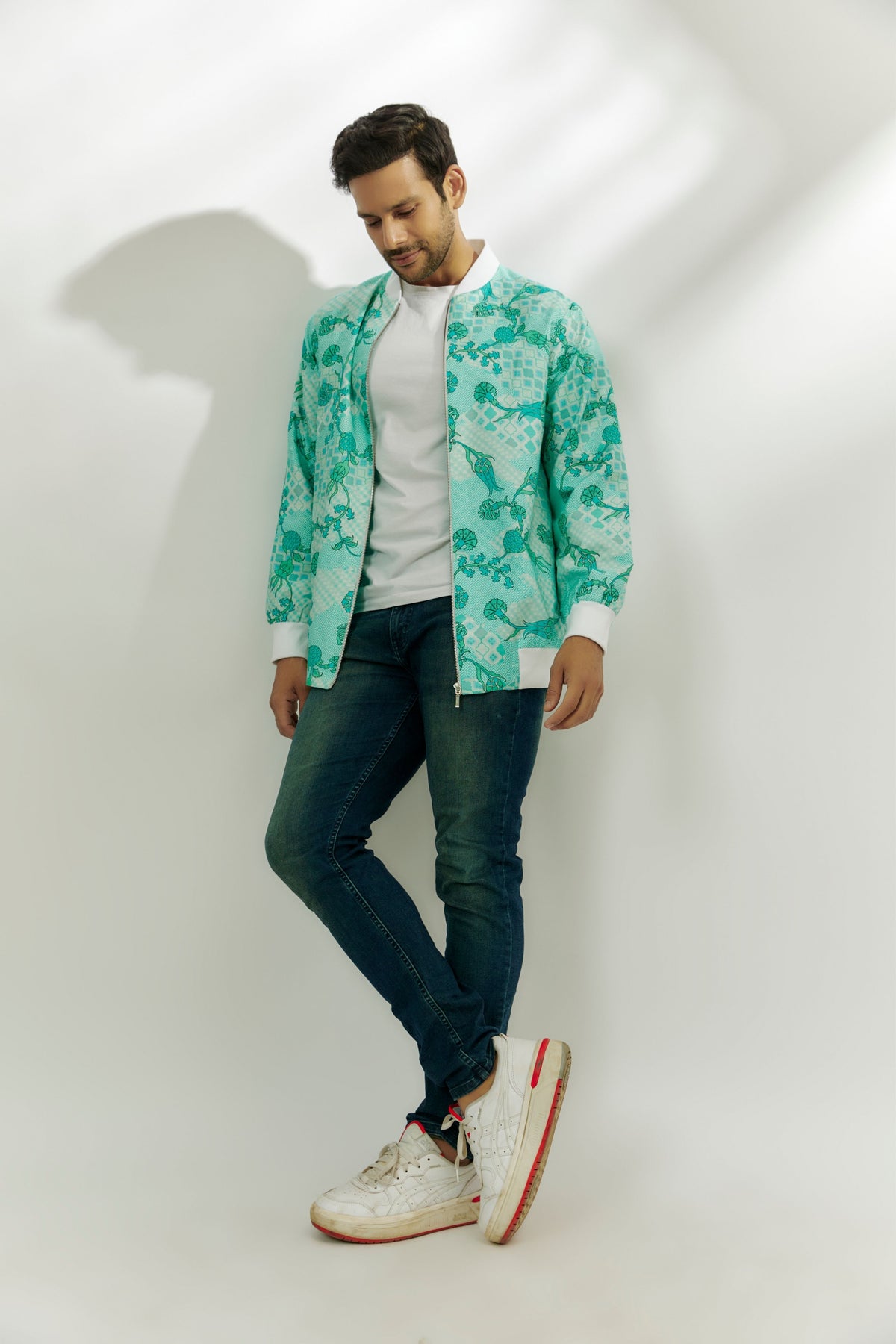 Cyan Blue Printed Bomber Jacket.