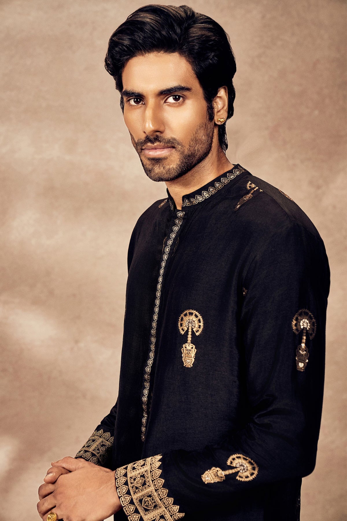 Black Traveller&#39;s Palm Jacquard Kurta