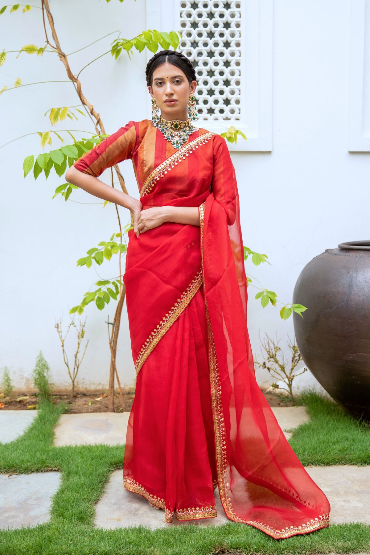 Red Gota Patti Border Saree Set