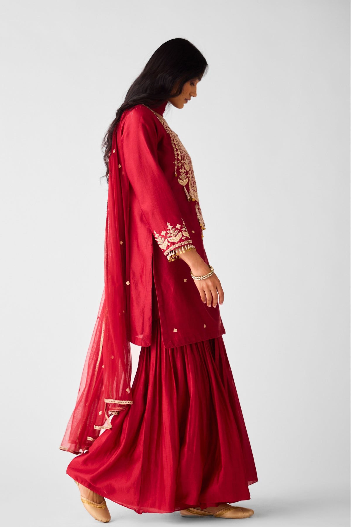 Red Embroidered Sharara Set