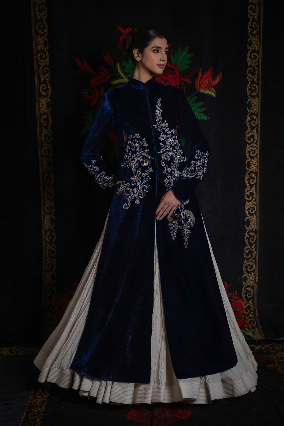 Indigo Long Velvet Jacket With Embroidery