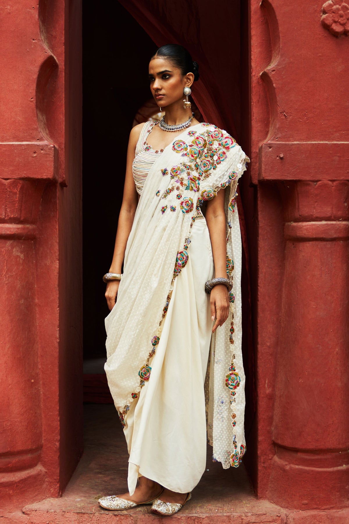 Ivory Embroidered Pre-draped Saree Set